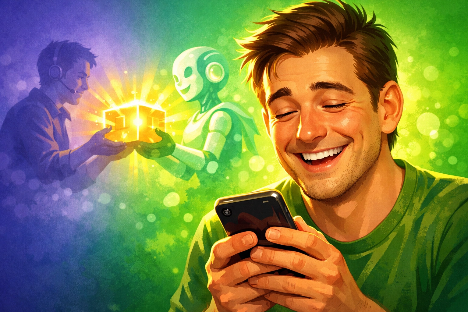 Relieved customer with smartphone after a successful resolution using AI customer service tools.