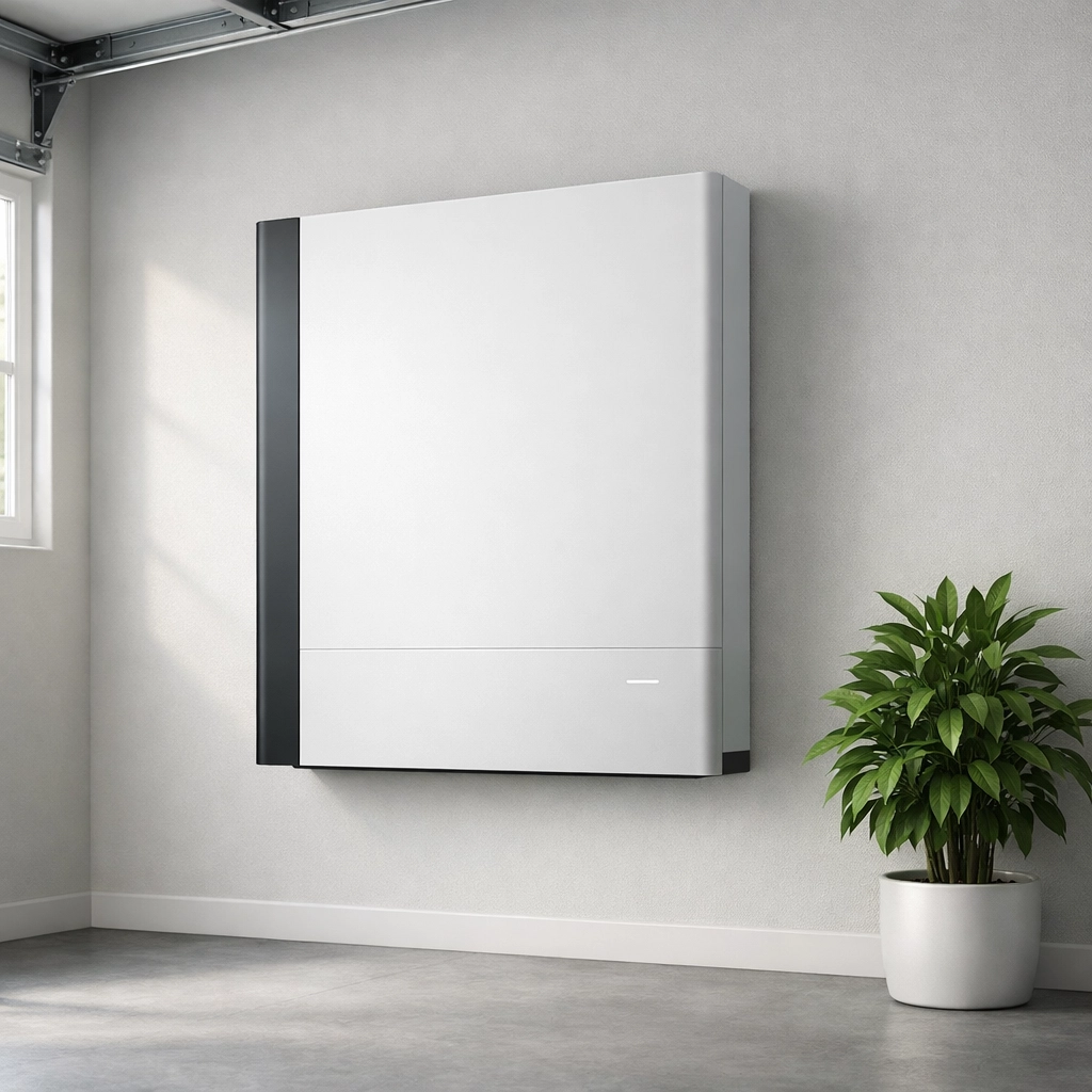 Sleek solar battery storage unit installed on a clean garage wall for home energy management.
