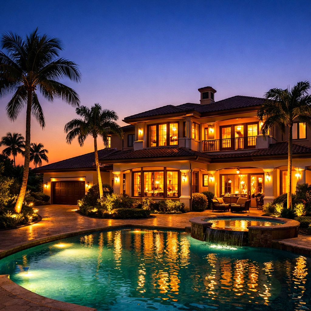 Professional twilight photography of luxury Florida home with pool and lighting