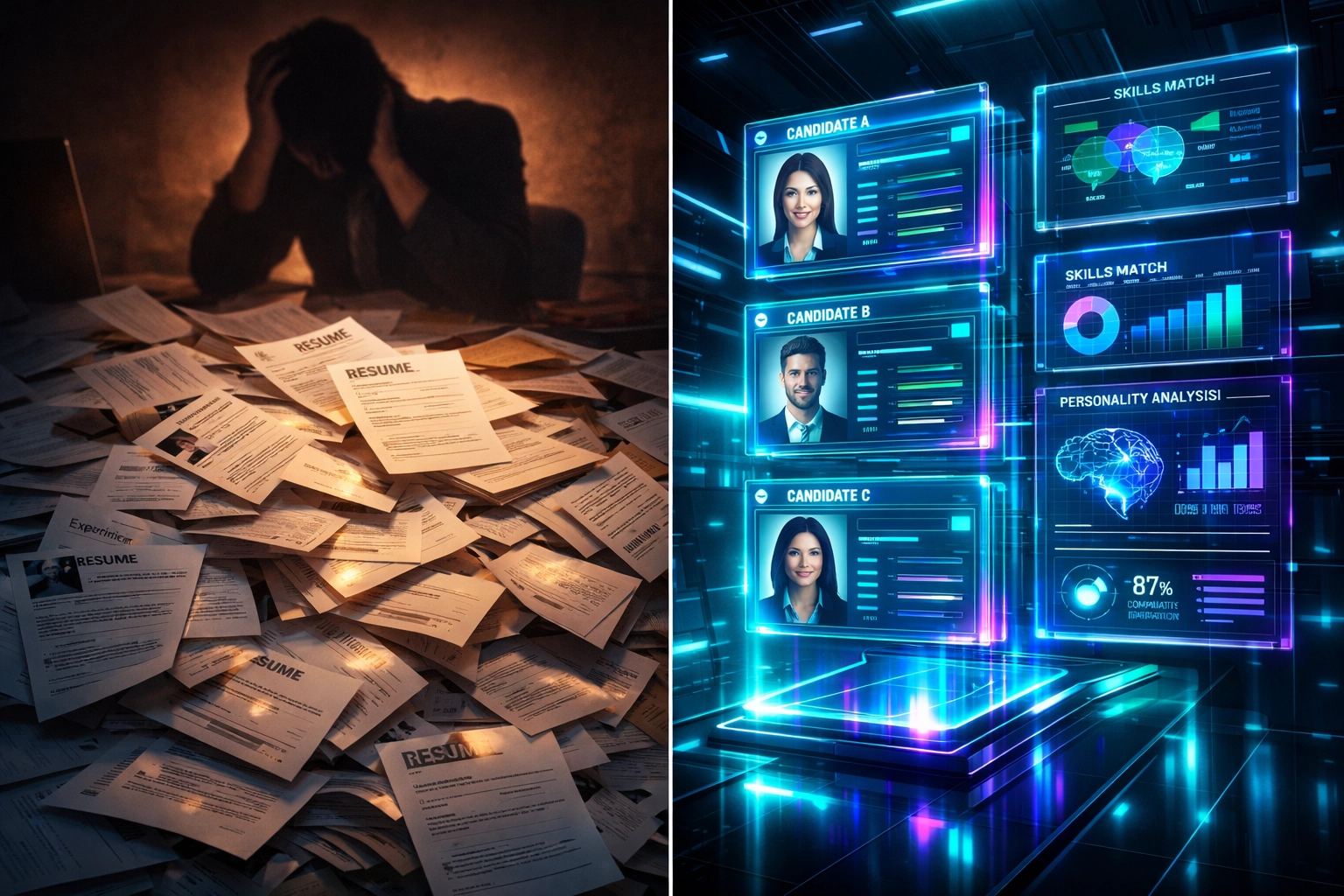 Traditional resume screening vs AI-powered recruitment assessment showing faster, smarter hiring