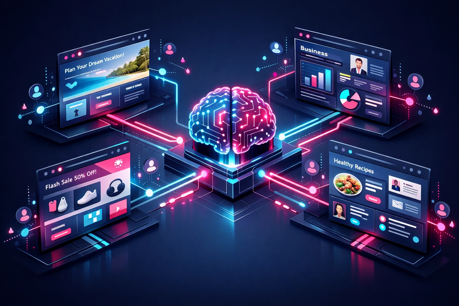 Predictive UI system showing personalized website layouts adapting to different user personas and behaviors