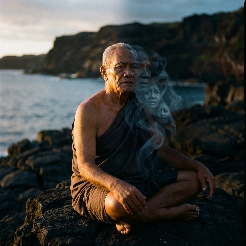 Polynesian man meditating in light and shadow, symbolizing integration of Rahu's shadow self