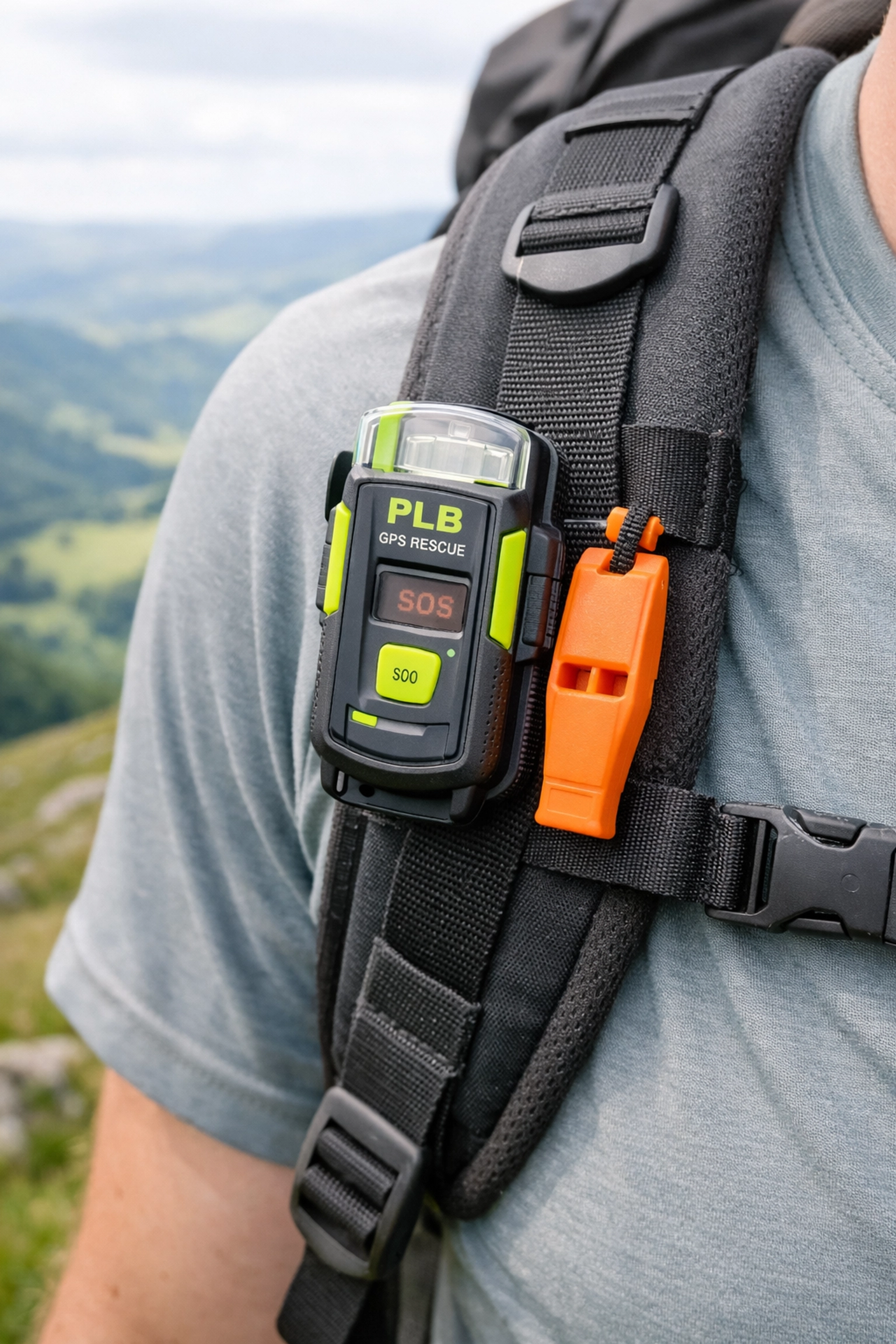 PLB and whistle on backpack strap overlooking UK hills for wild camping guided UK safety