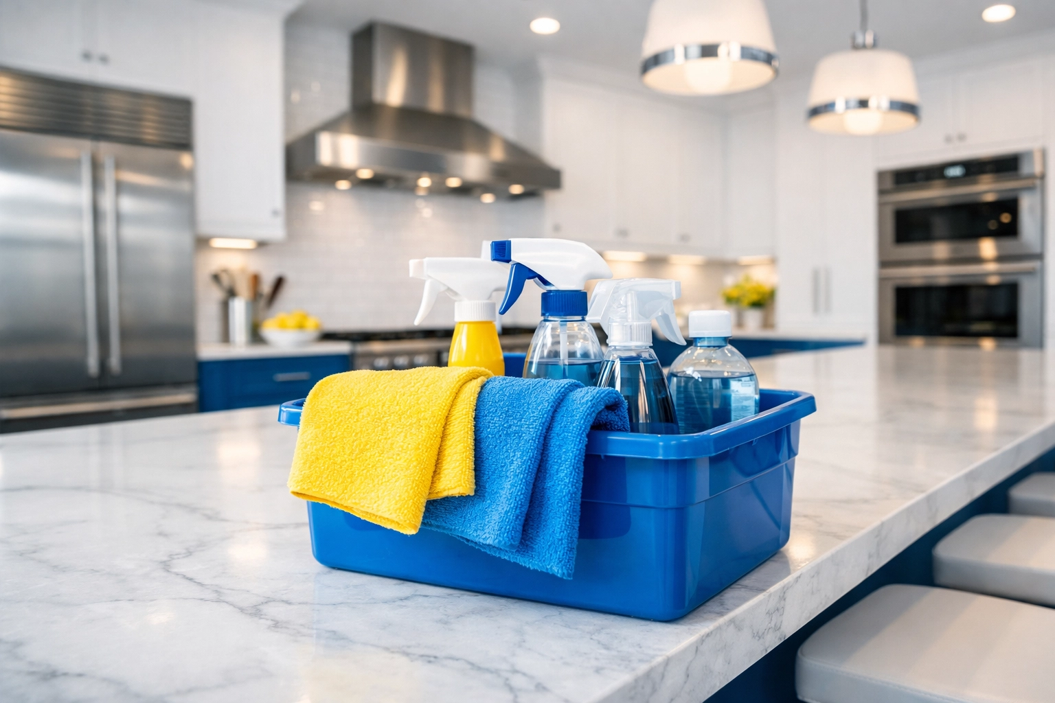 Modern kitchen with a professional cleaning caddy, showing House Cleaning Weston MA efficiency and care.