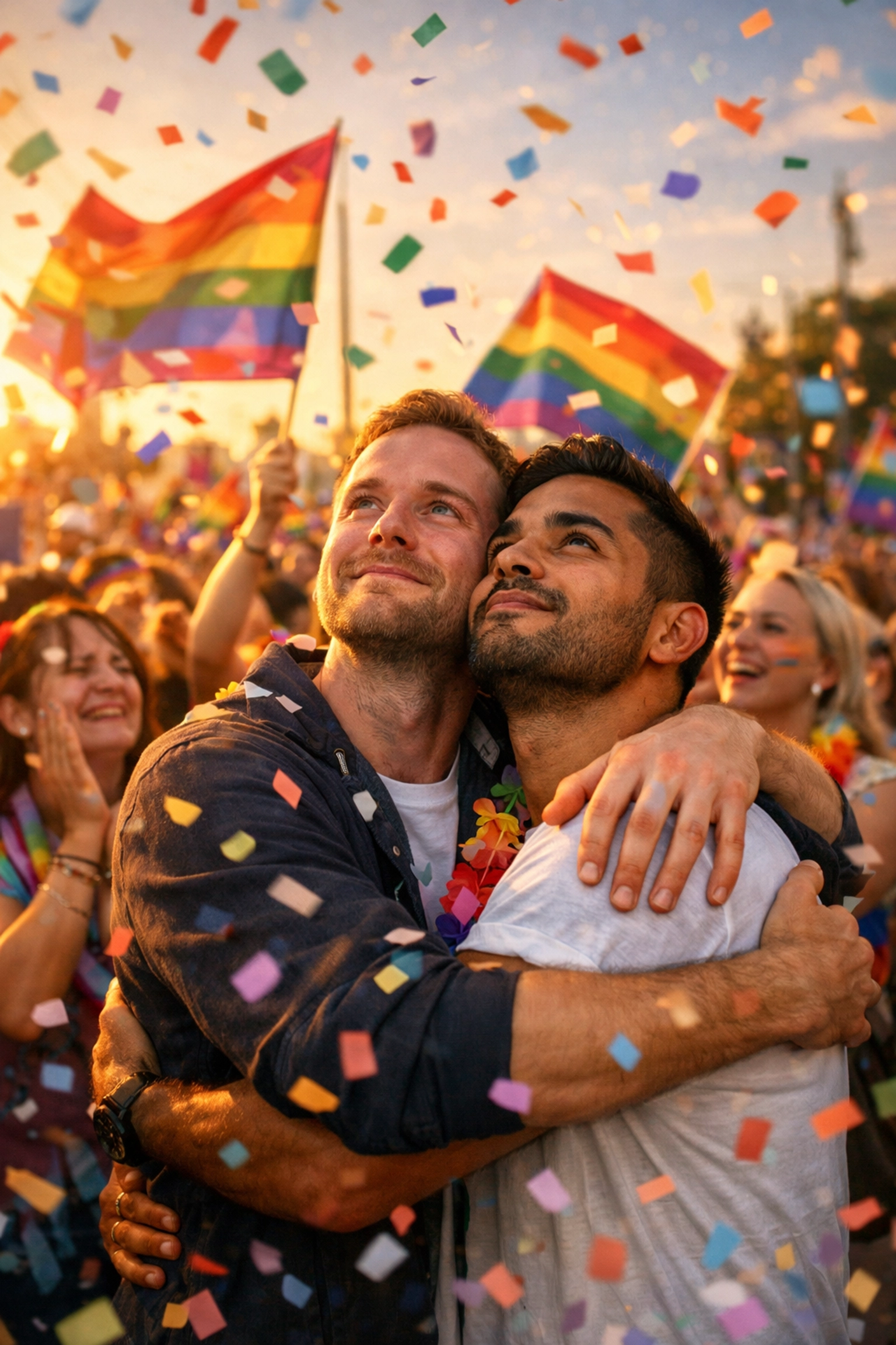 Gay men embracing at Pride parade with rainbow flags and celebrating crowd