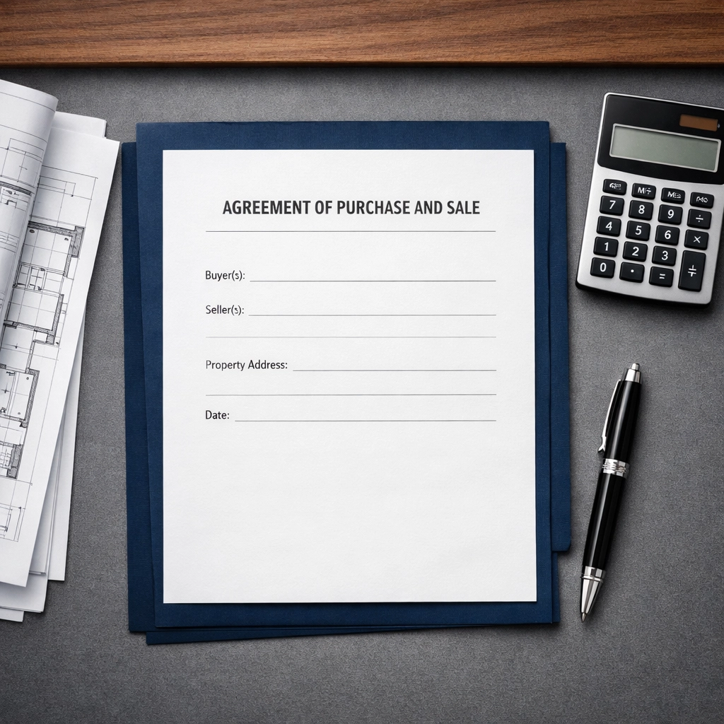 Real estate purchase documents and calculator showing Ontario home buying costs and closing expenses