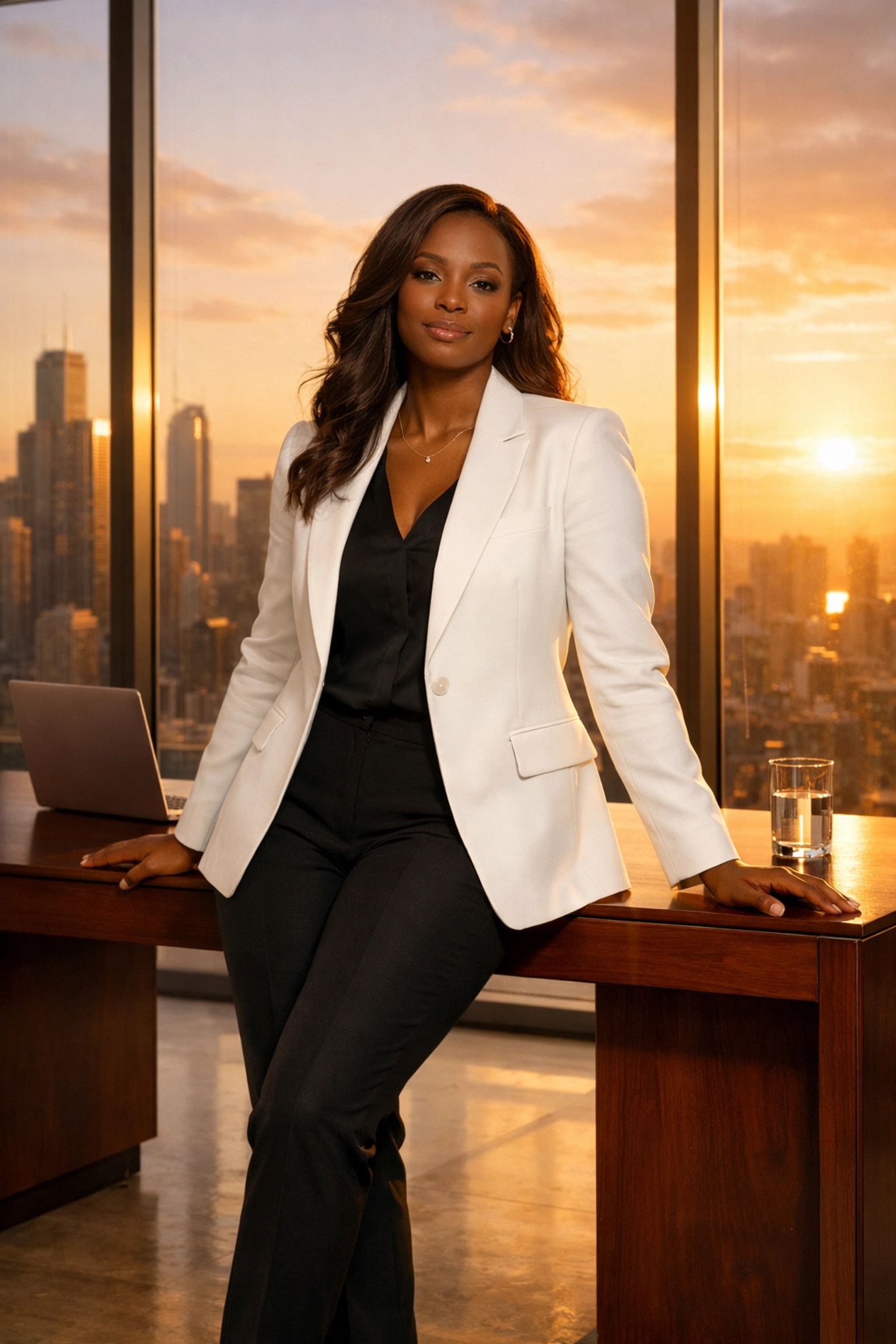 Confident Black female entrepreneur in a modern office, symbolizing success and the Buyblack mission.