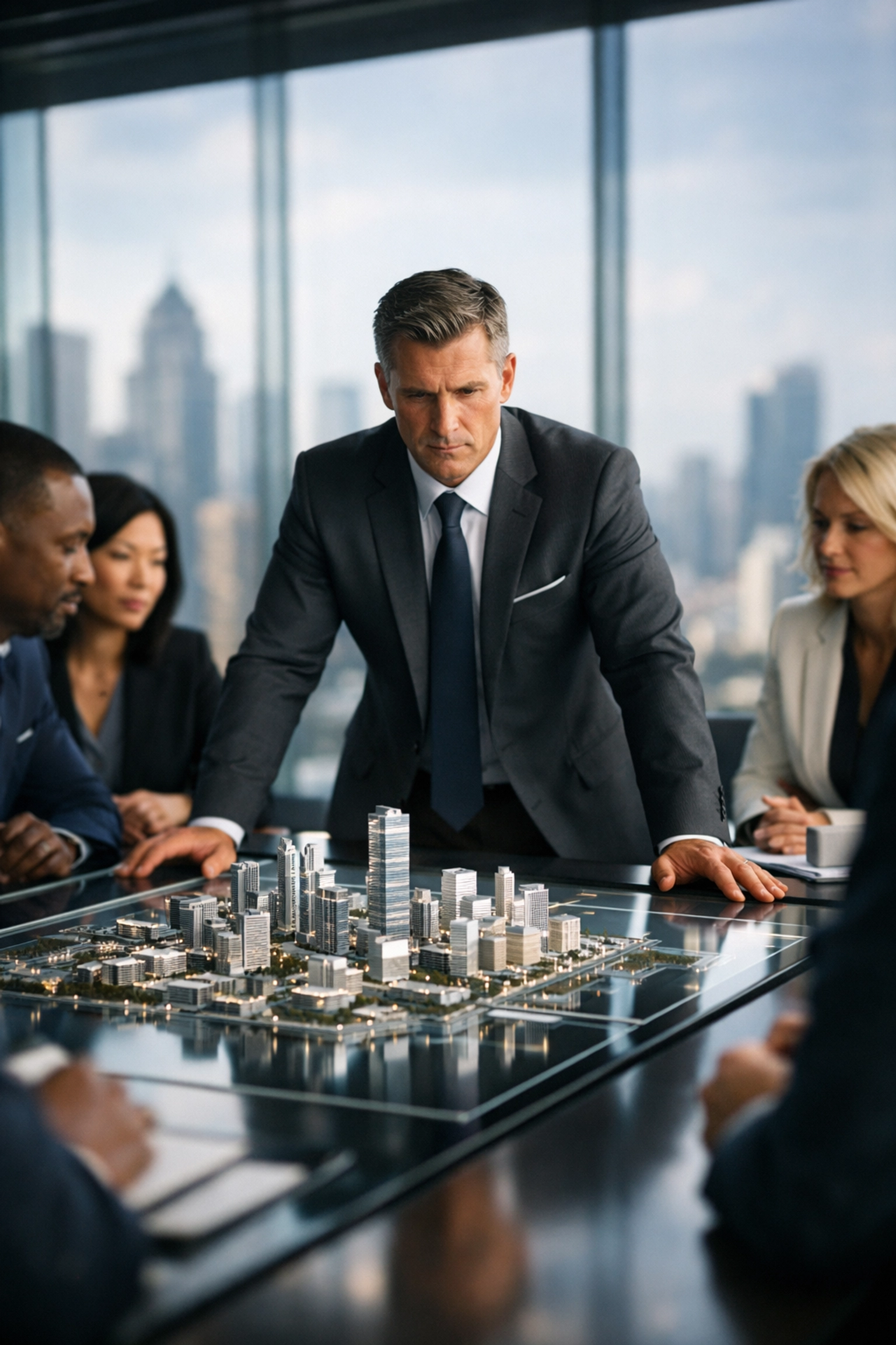 Dakdan Worldwide's executive leadership team coordinating strategic portfolio management in a professional boardroom.