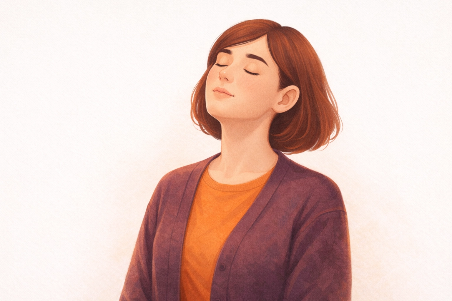 Sharp editorial painterly portrait of a person with eyes closed and head leaned back slightly, looking peaceful and relieved in a bright clean space, with deep plum and warm orange accents