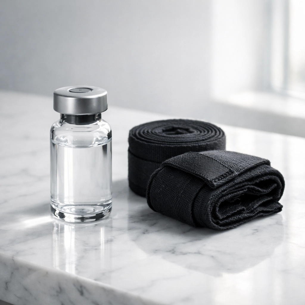 Clinical vial and boxing wraps representing BPC-157 for elite athletic injury recovery.