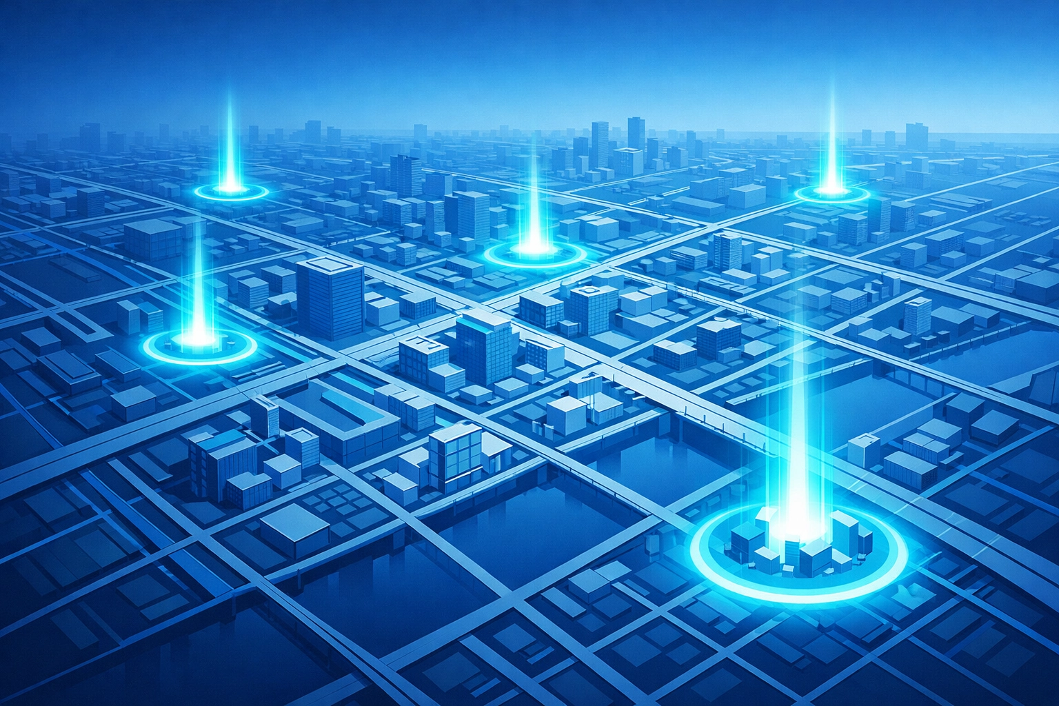 Digital city grid representing automated local business presence and regional lead tracking coverage.