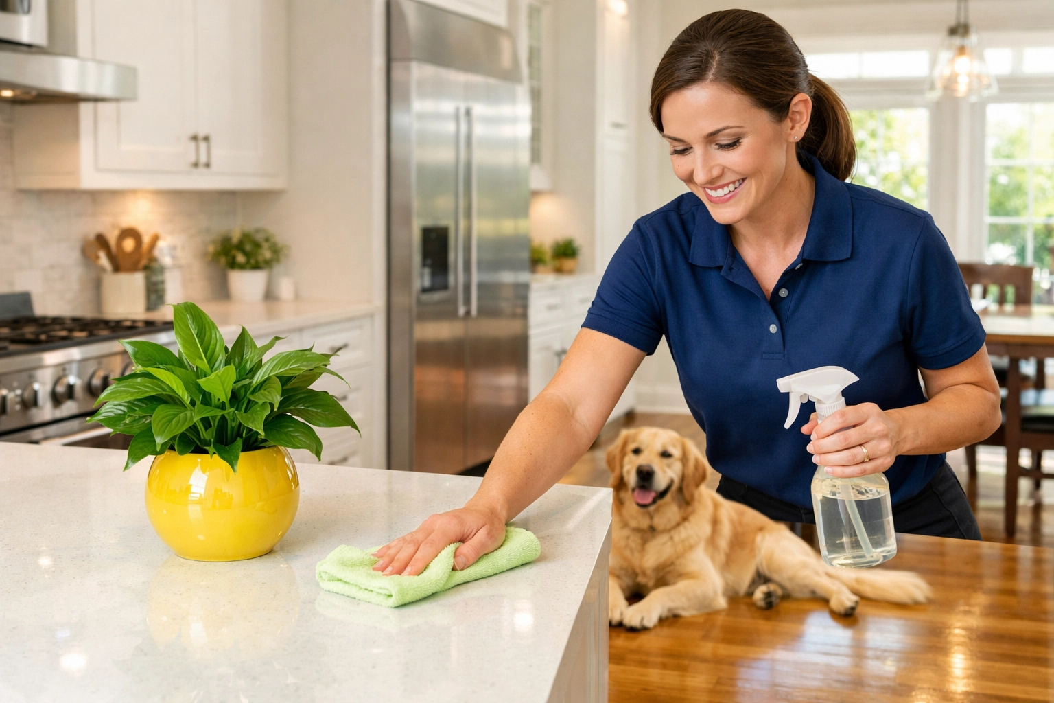 Professional house cleaning service in Burlington expert sanitizing a luxury kitchen island with safe products.