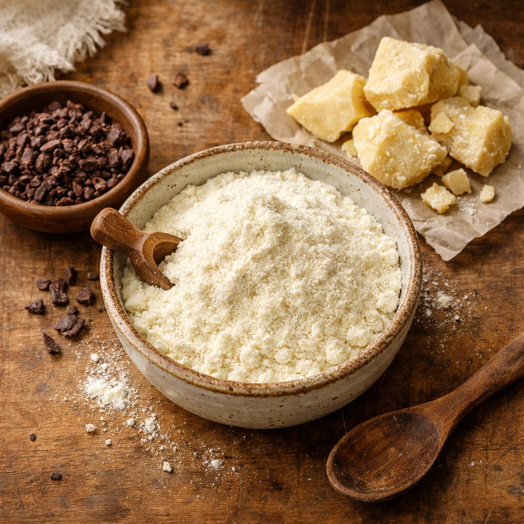 Milk powder, cocoa nibs, and cocoa butter ingredients for dark milk chocolate recipe