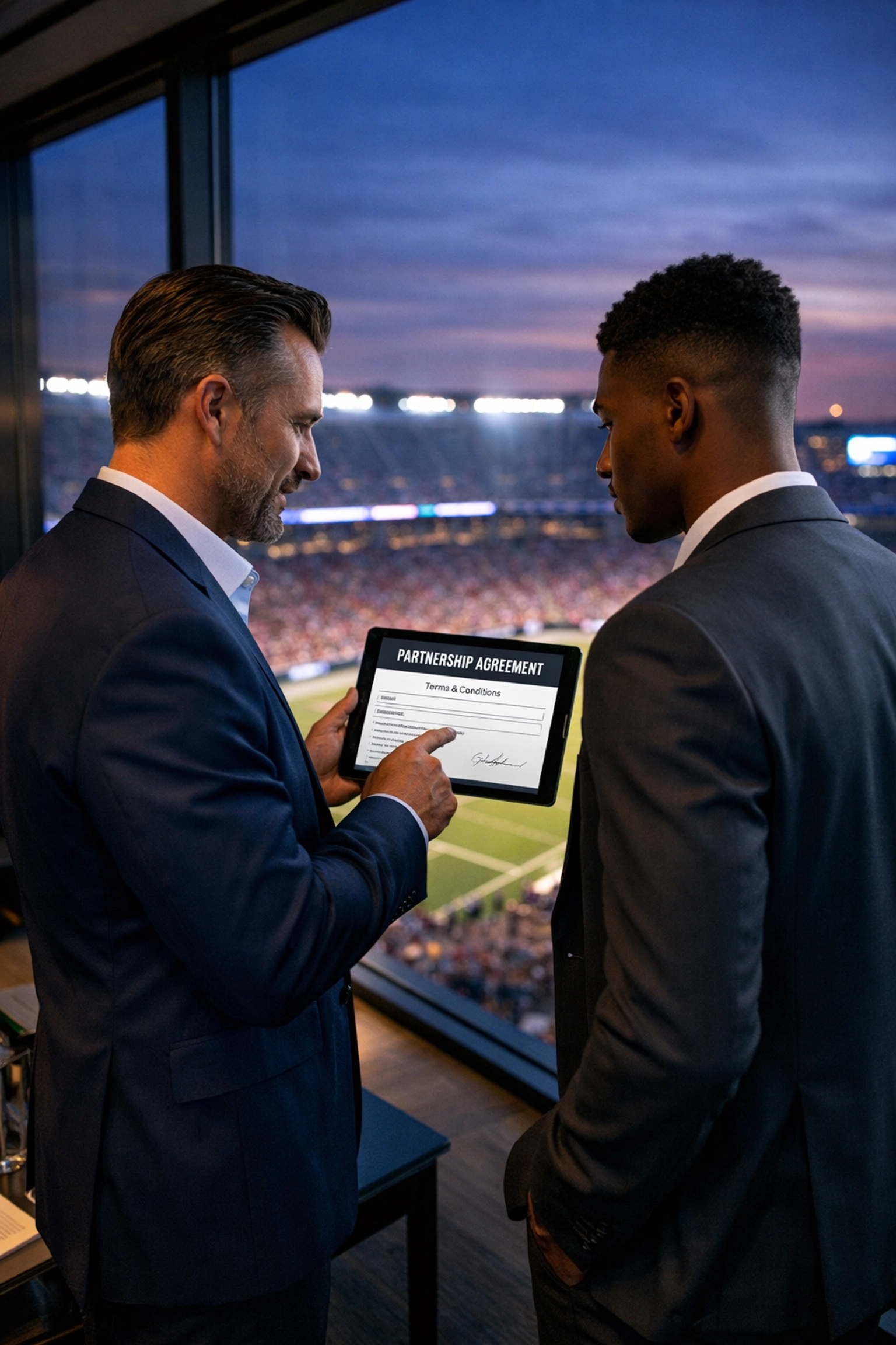 NIL business consulting meeting between an executive and athlete for a Super Bowl brand agreement.