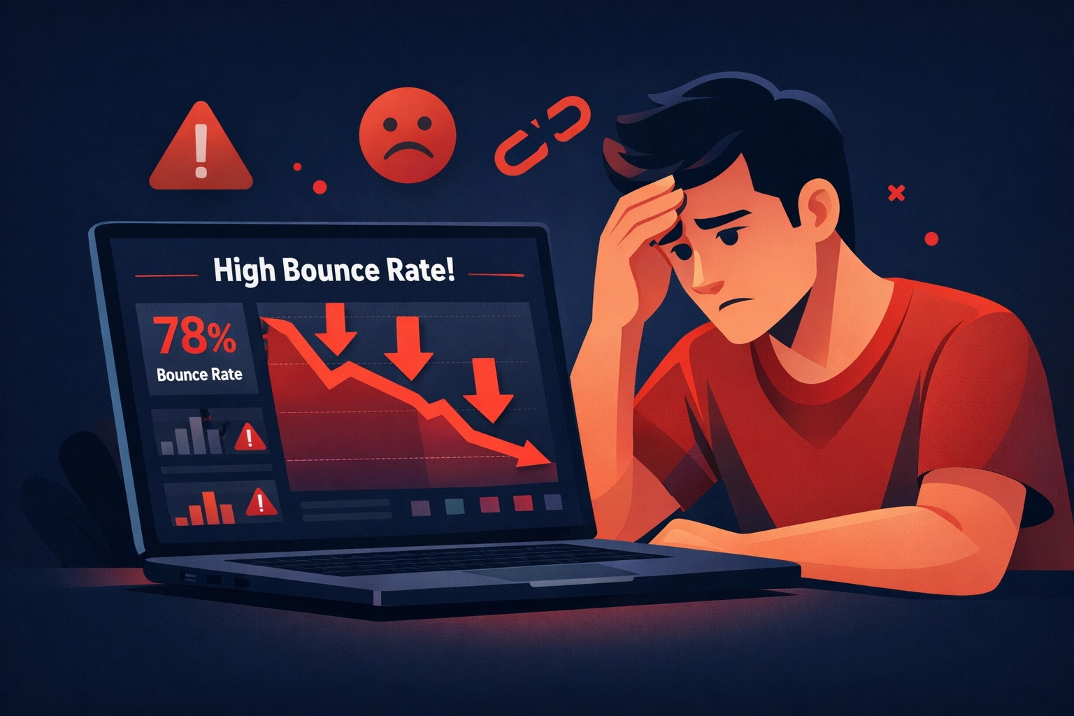 Analytics dashboard showing high bounce rate with declining metrics on outdated website