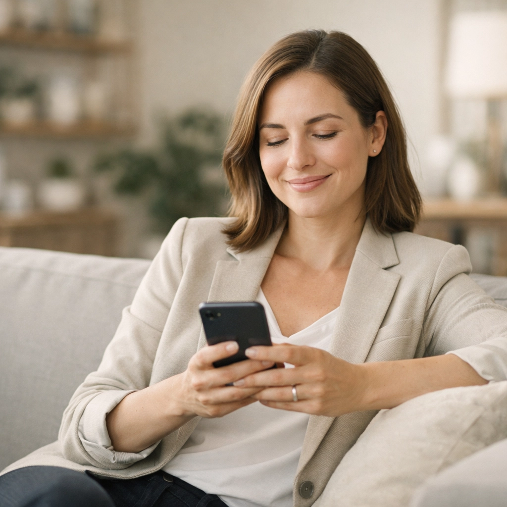 Relieved Canadian professional on sofa applying for a 2500 bad credit loan on their smartphone.