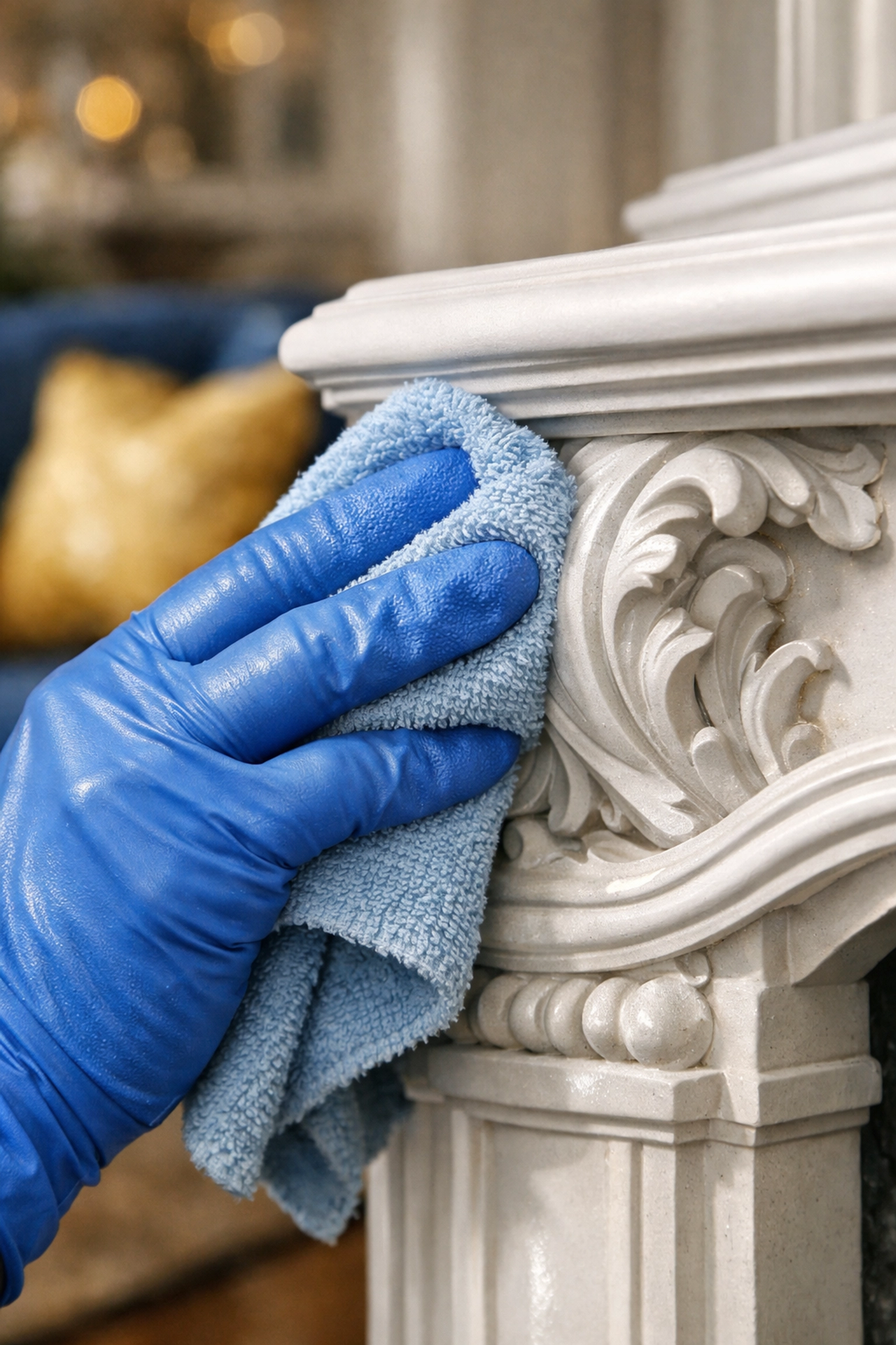 Professional deep cleaning of a white luxury fireplace mantel by a Reliable House Cleaning service in Needham.