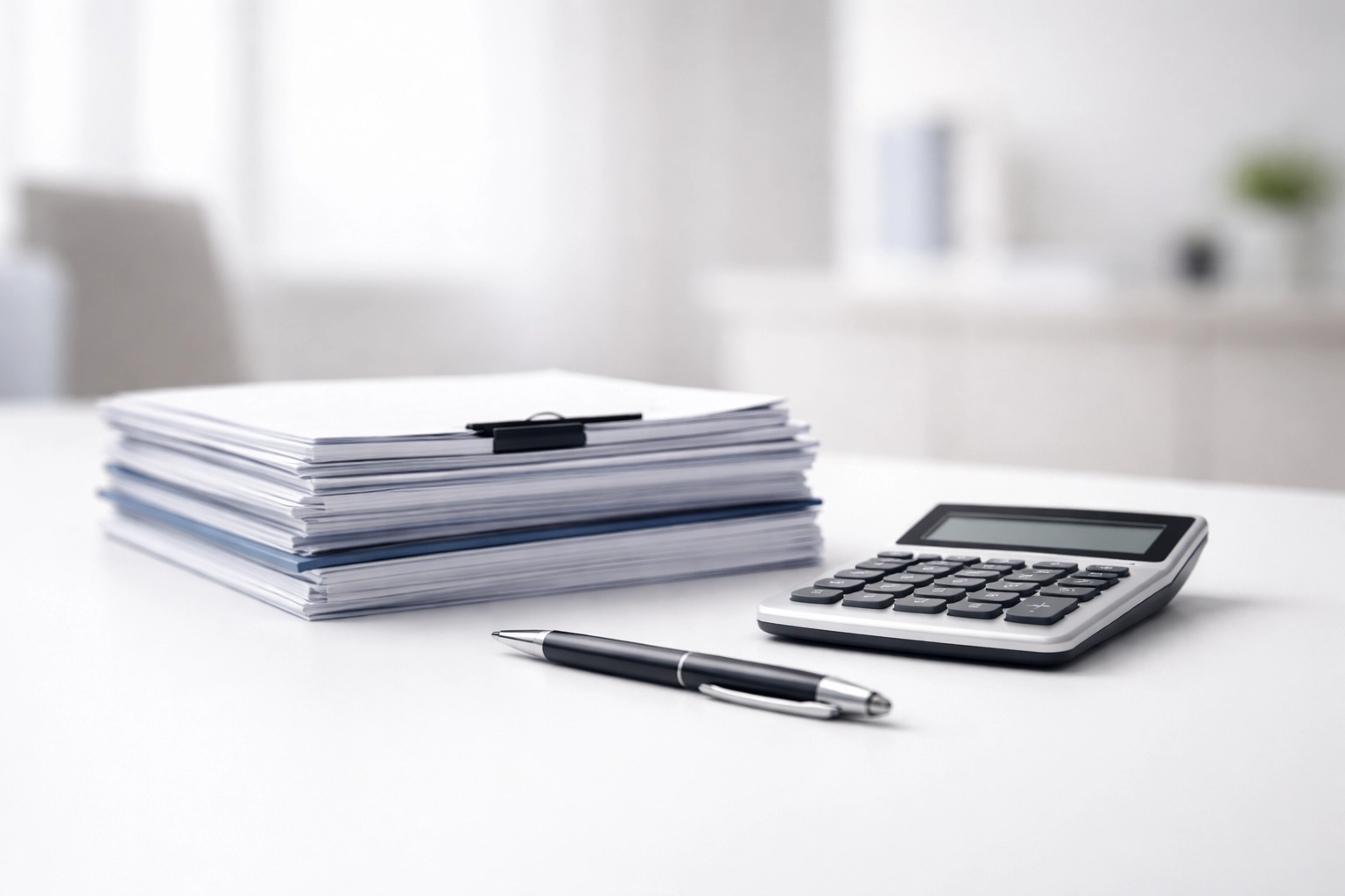 Stack of documents, calculator, and pen on tidy desk symbolizing organization in tax course completion
