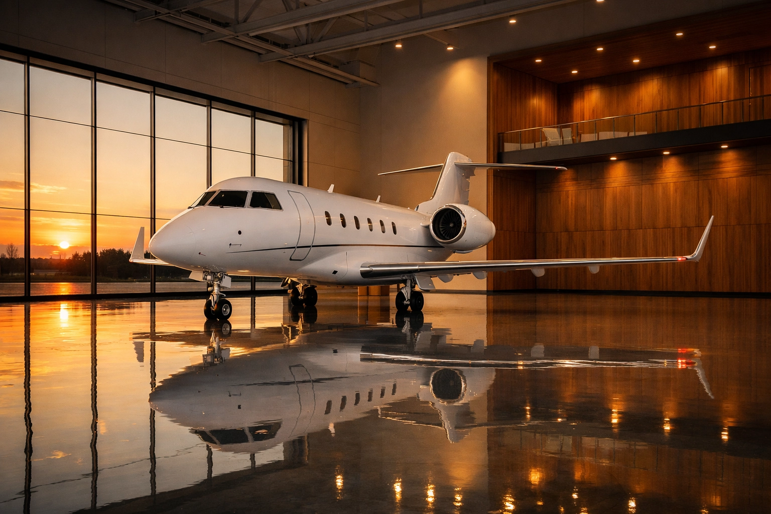 Private jet in a luxury hangar illustrating high-net-worth aviation insurance and asset protection.