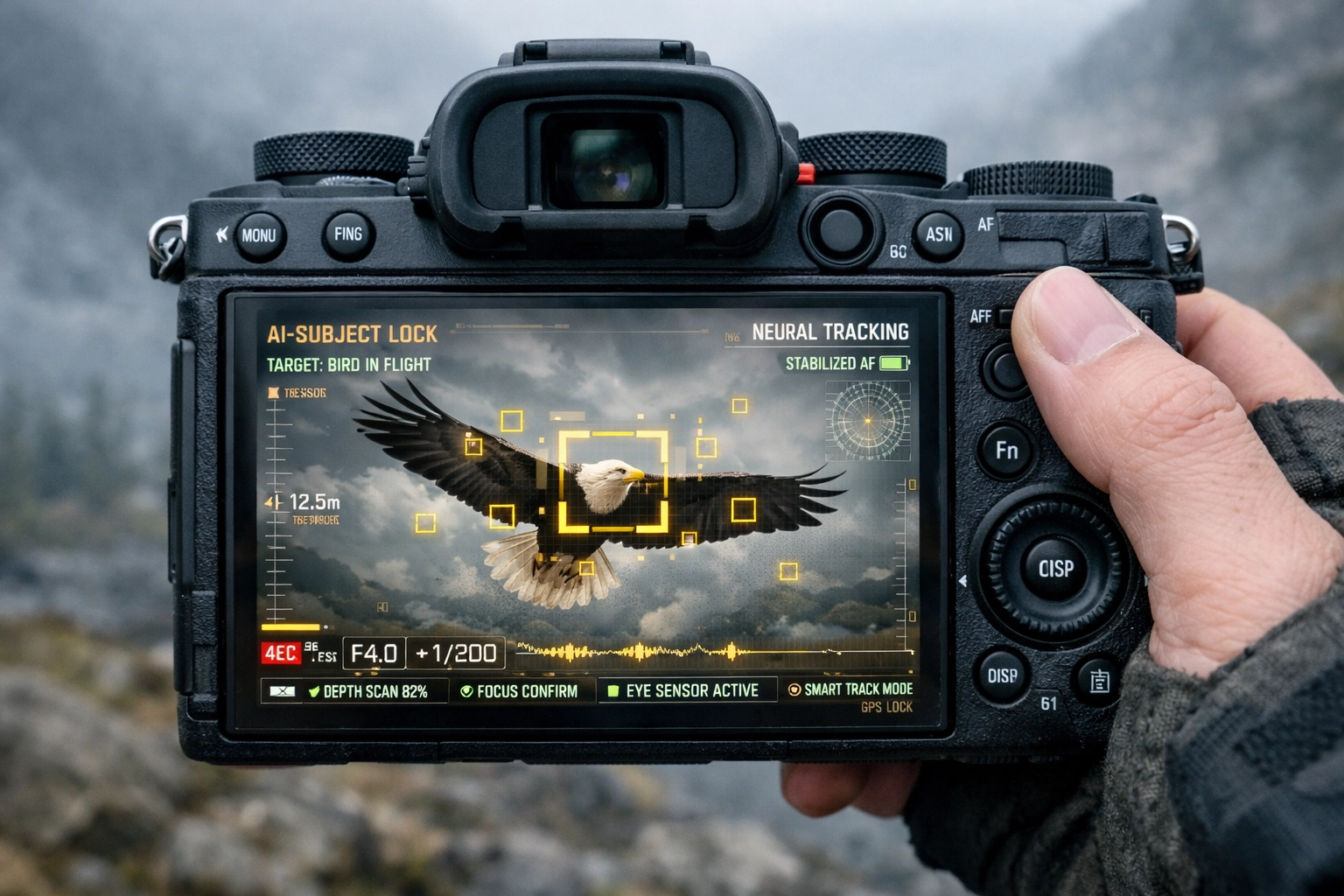 Photographer using a mirrorless camera with an AI subject tracking overlay on the screen to focus on a bird.