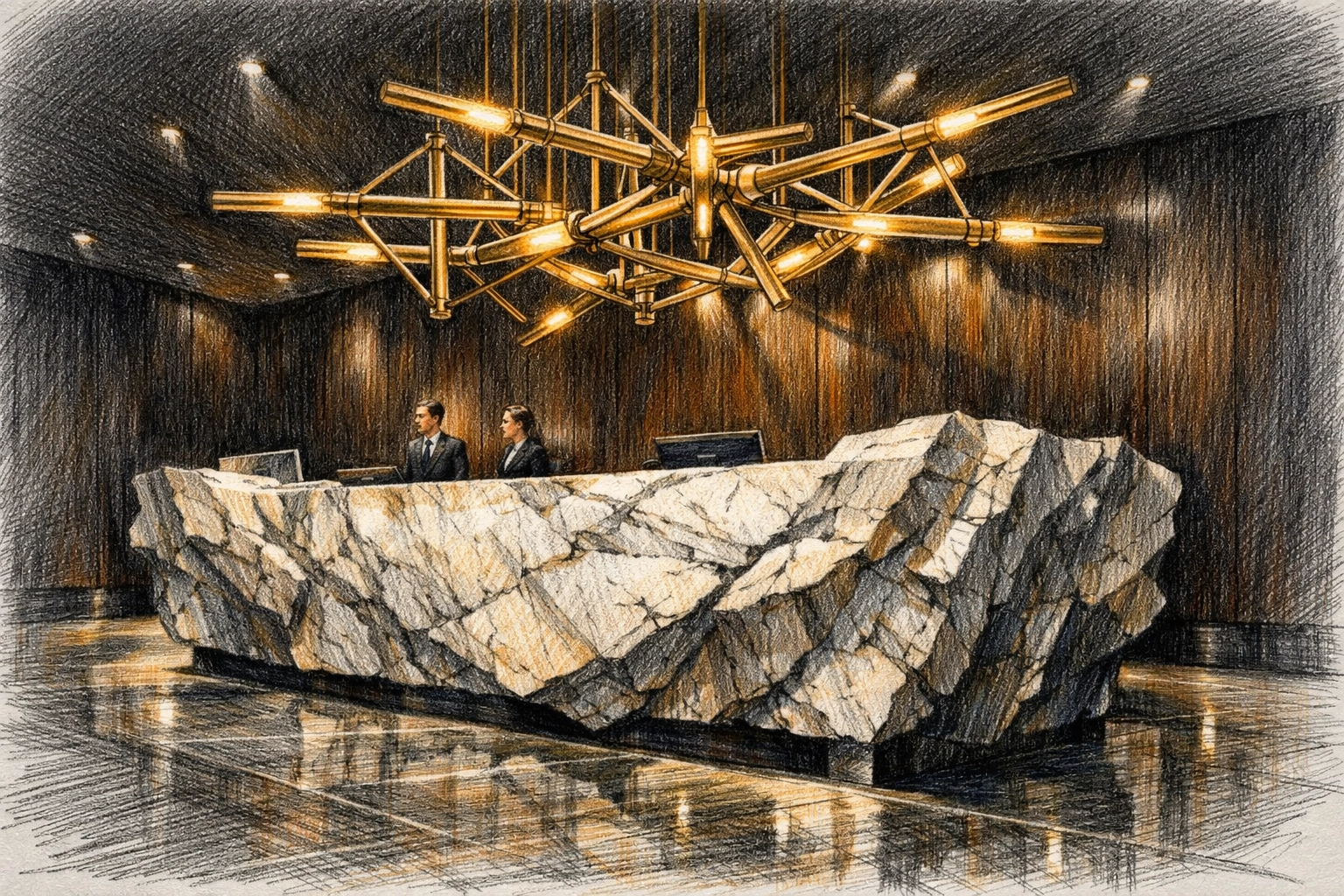 Luxury hotel lobby featuring a sculptural marble reception desk and avant-garde brass chandelier.