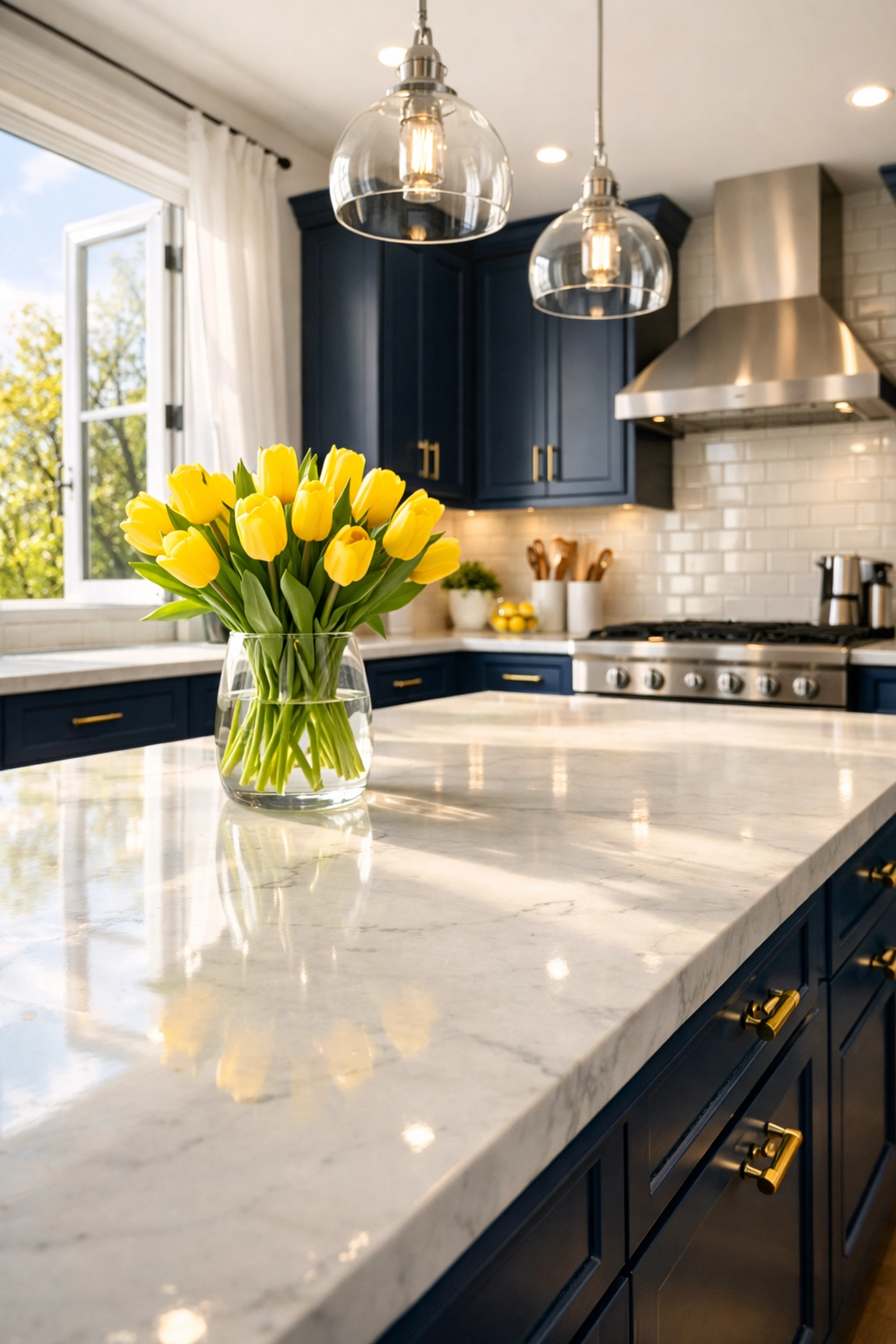 A sun-drenched, spotless kitchen in a Shrewsbury home after a spring house cleaning.