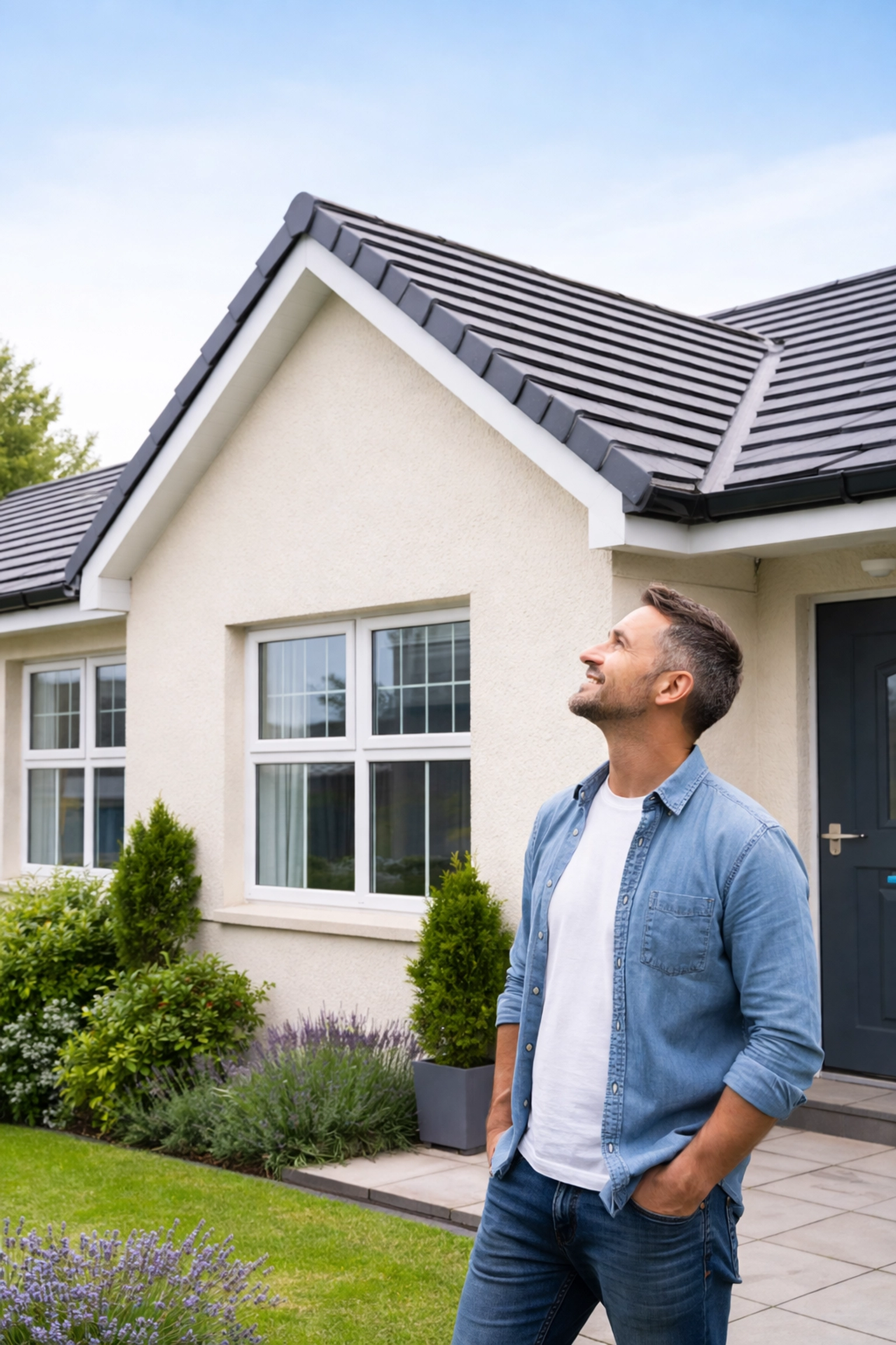 Homeowner admiring new maintenance-free dry verge roof installation on a house in Northern Ireland.