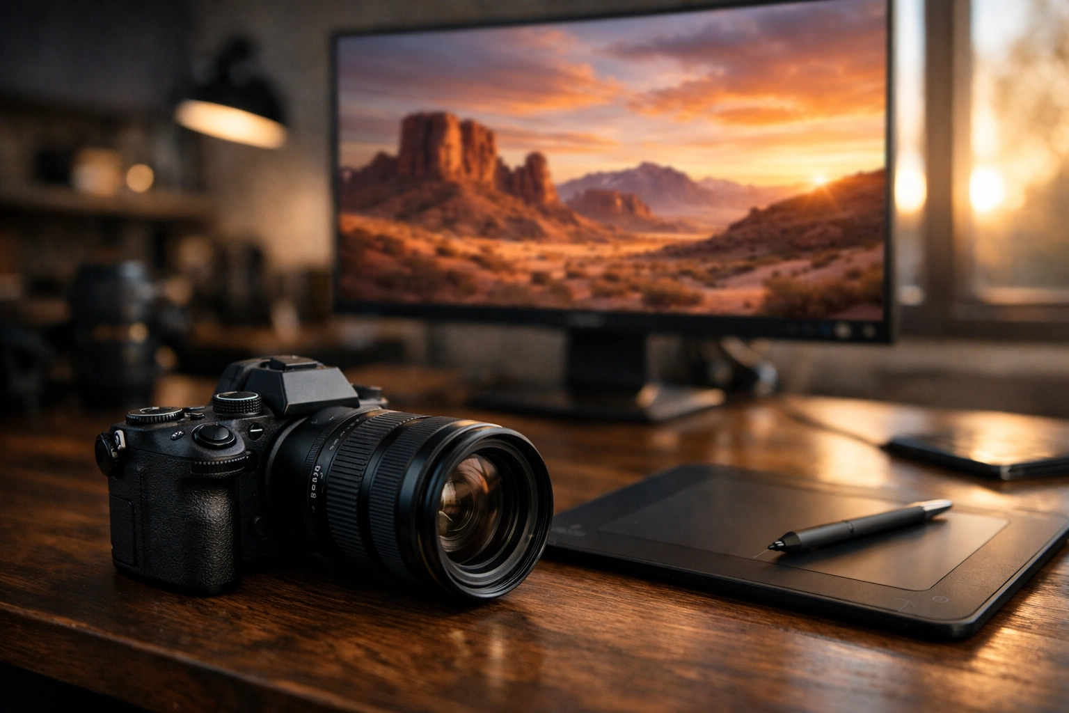 Pro workspace with a mirrorless camera for learning how to use manual mode camera via photography tutorials.