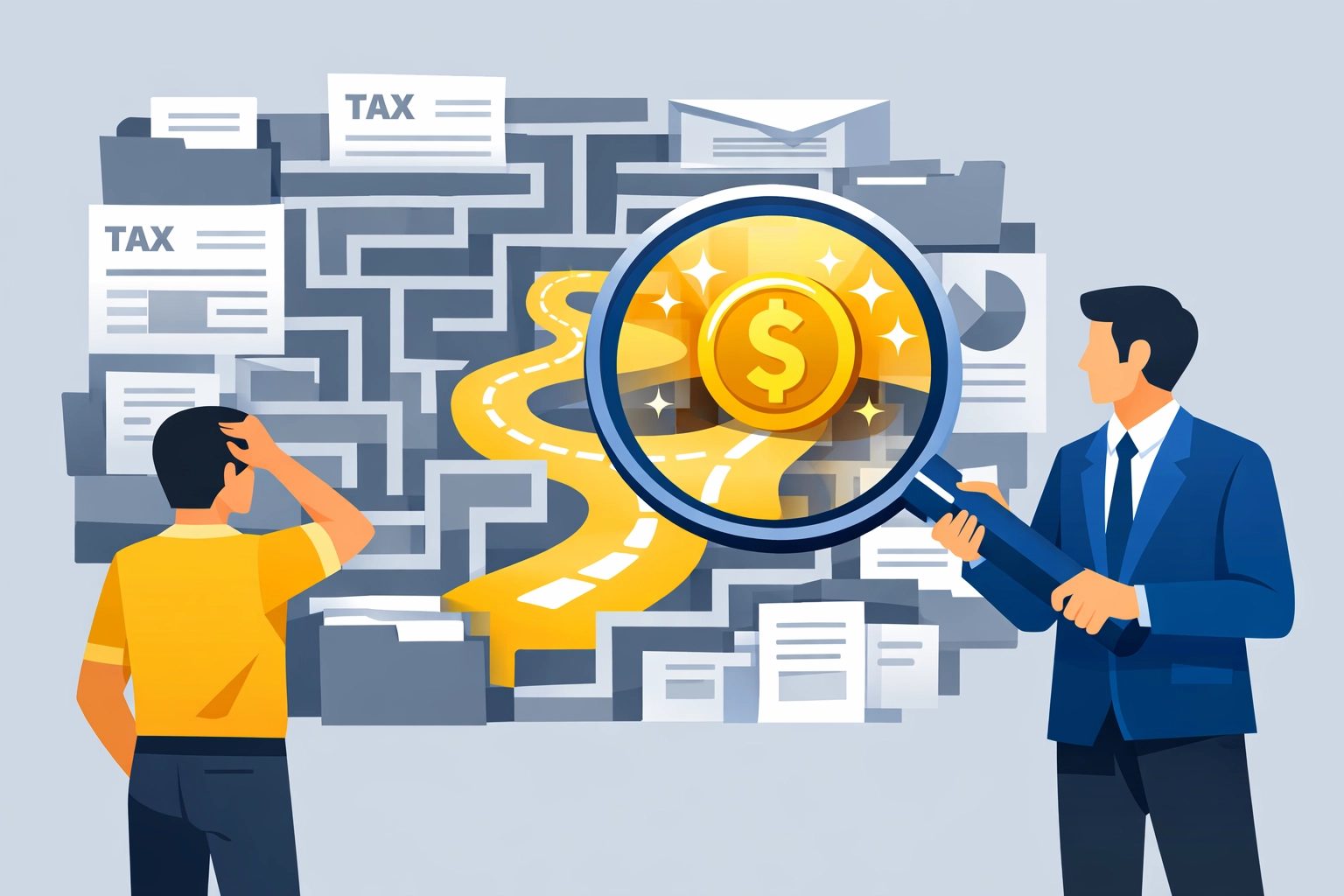 Concierge tax pro guiding a client through a maze of forms for expert tax preparation New Haven.