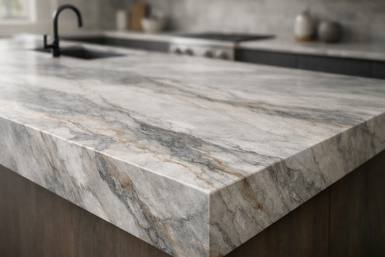 Close-up of a textured quartzite kitchen island installed by a renovation contractor in Red Deer.