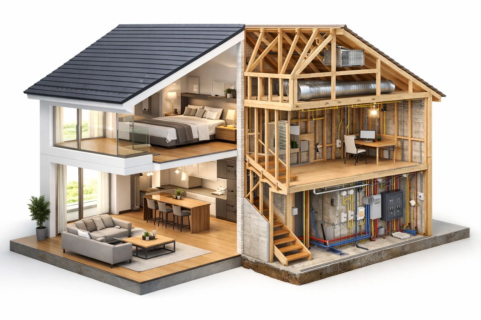 New build house cross-section showing finished interior and construction framework details