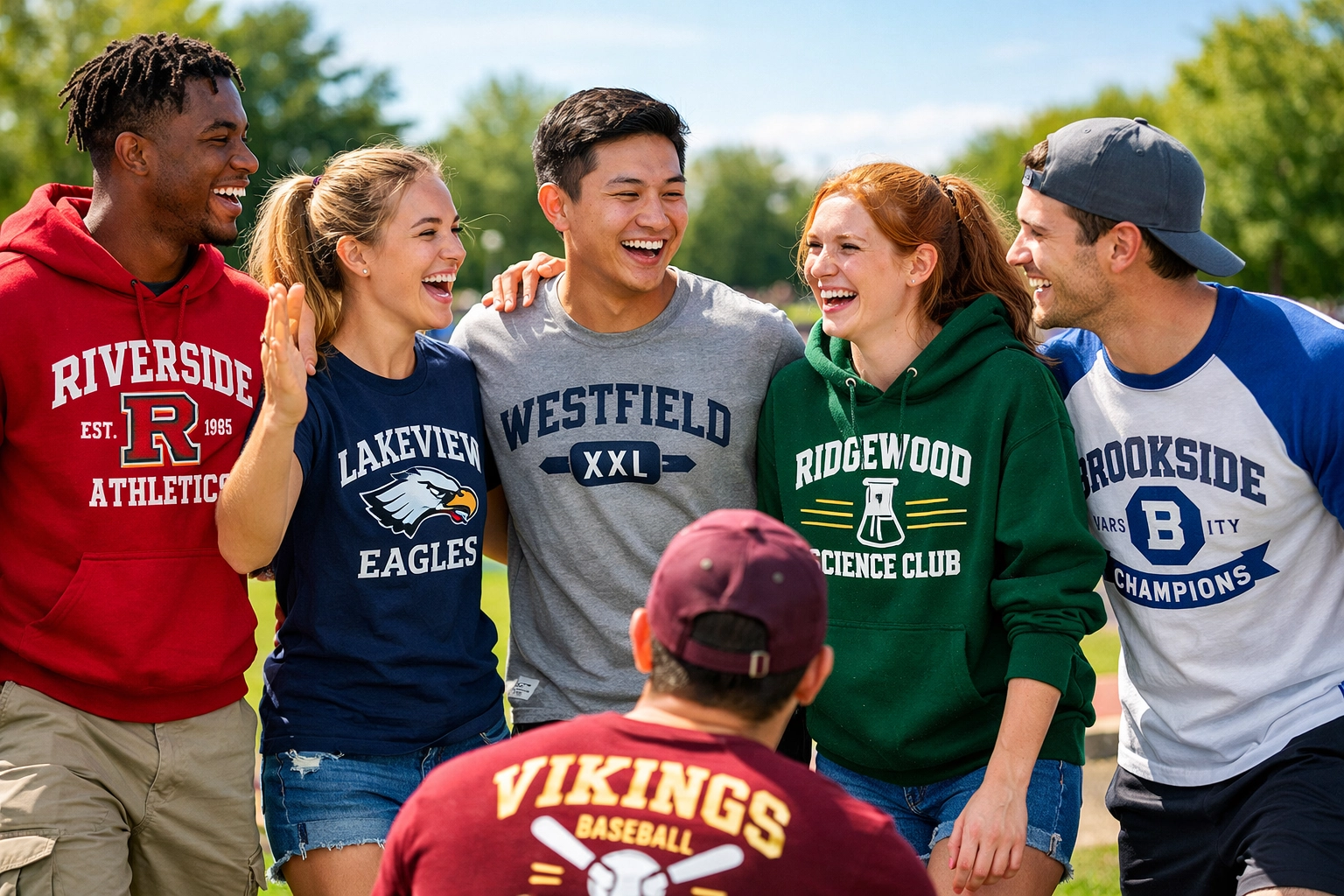 O'Fallon community members wearing custom t shirt printing gear at a local park.