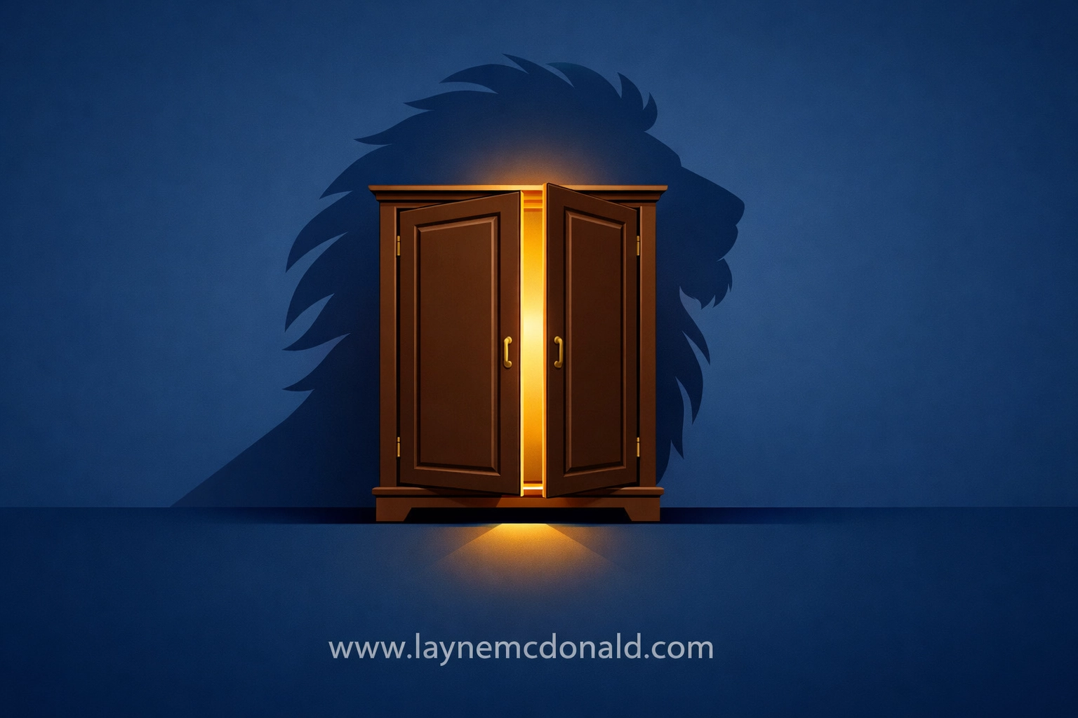 A glowing wardrobe with a lion silhouette representing Christian imagination and faith in cinema.