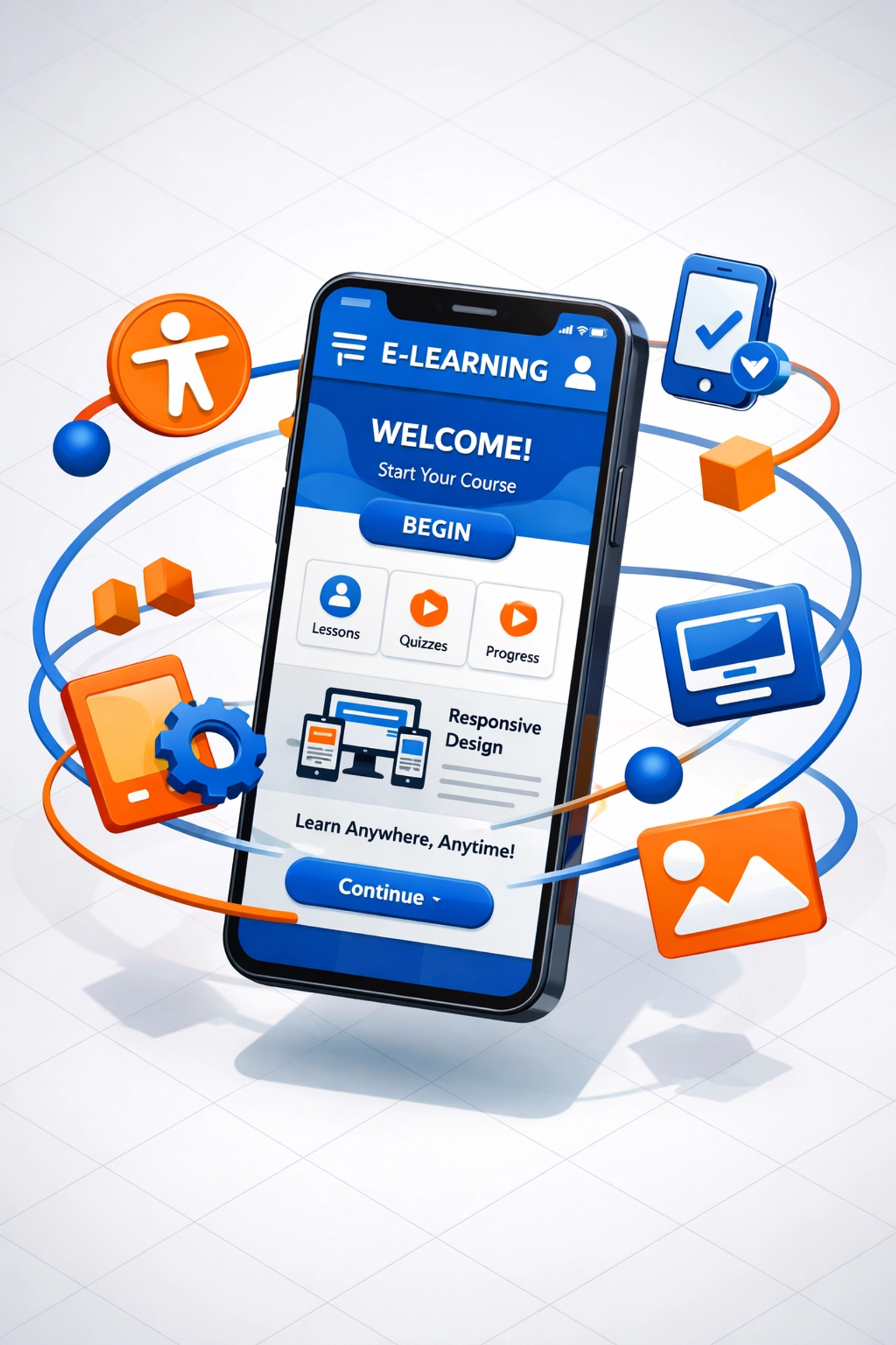 Mobile-first Custom eLearning Development interface showing accessibility features and responsive design