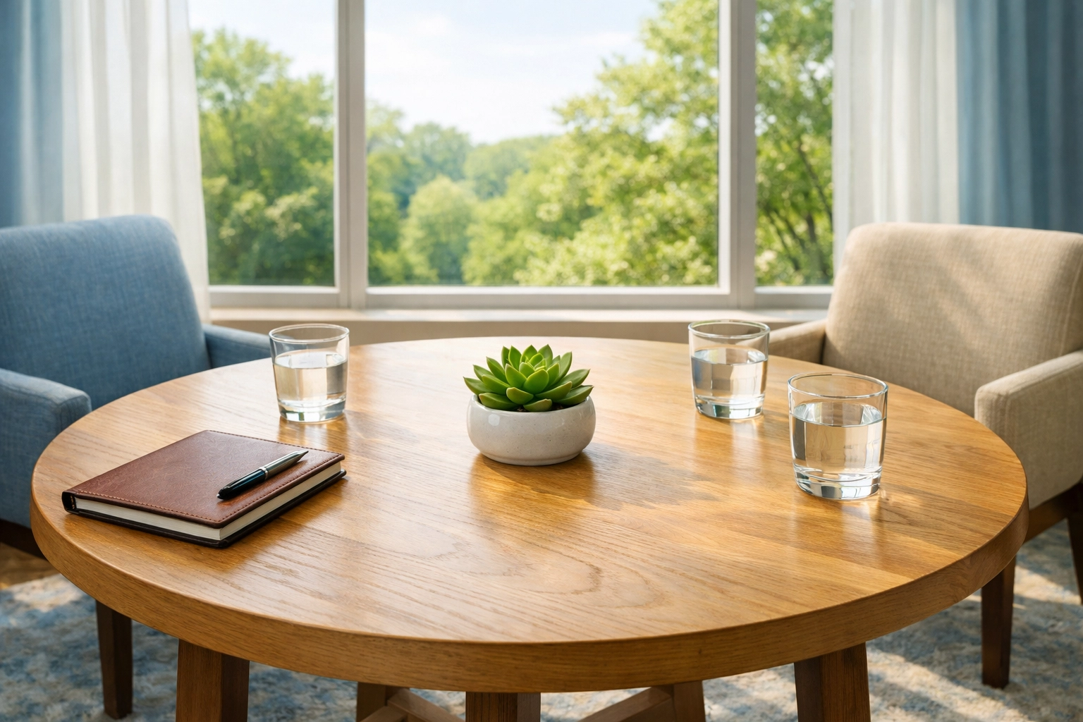 Collaborative mediation setting in Bloomington Indiana with a circular table for family law negotiation.