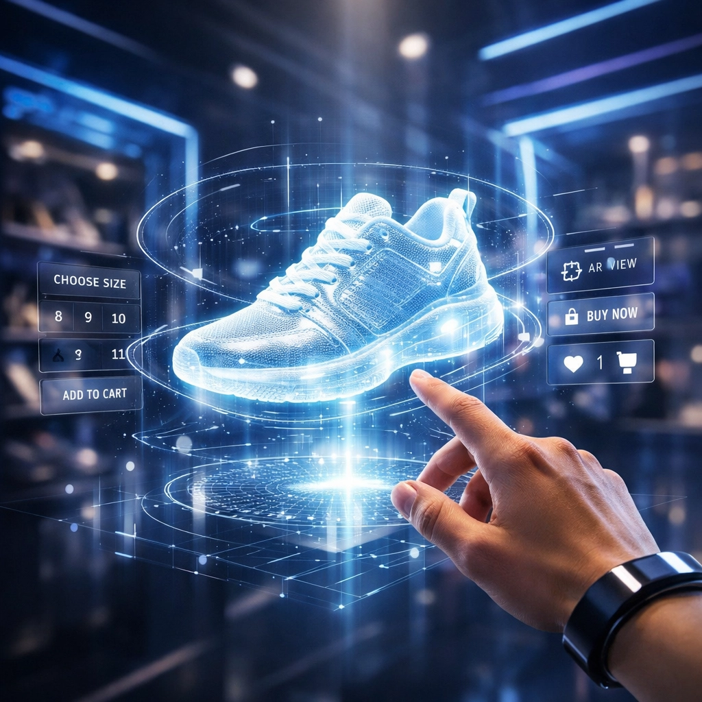 Virtual reality shopping in the Larecoin metaverse with holographic products and spatial intelligence.