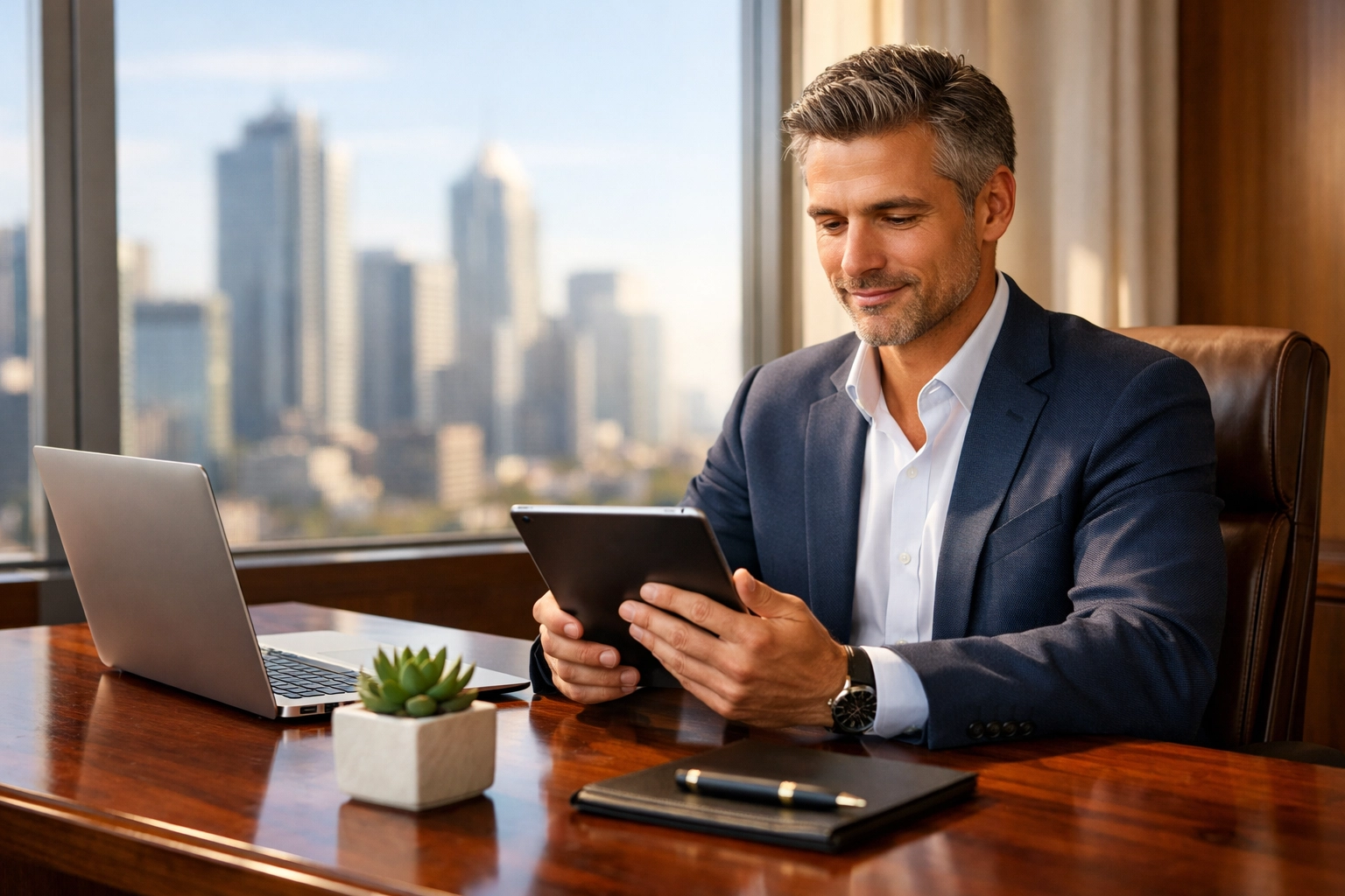 A successful entrepreneur managing a low-overhead, recurring revenue business from a modern, minimalist office.