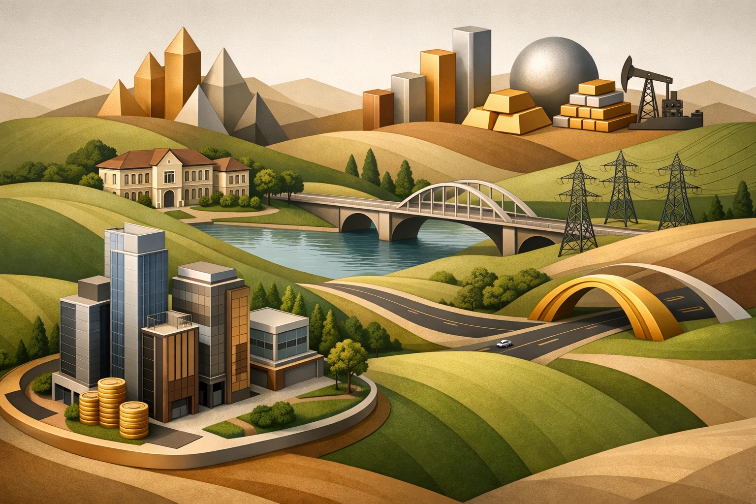 Diversified alternative investment landscape showing real estate, infrastructure, and private equity