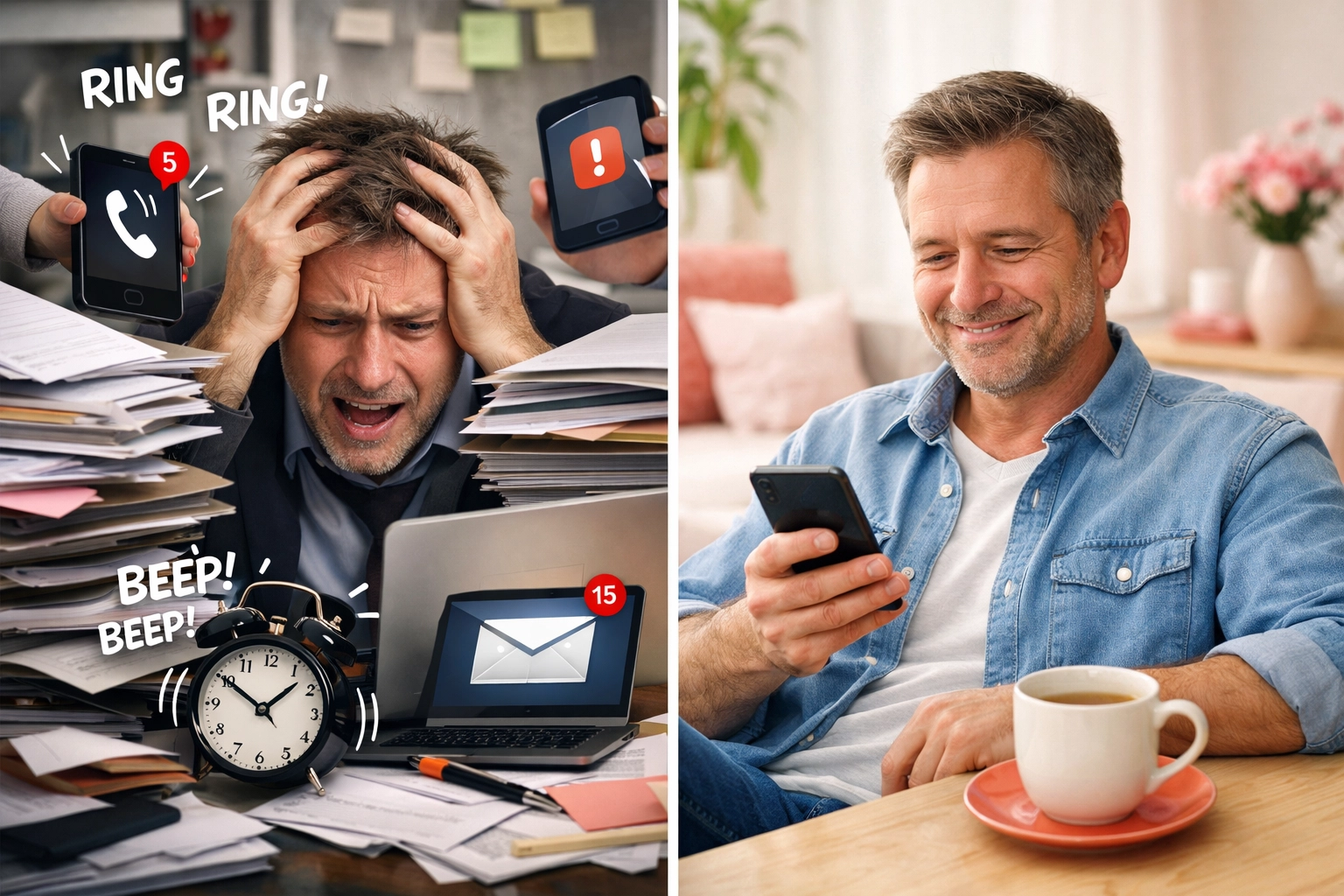 Business owner managing social media stress-free with strategic phone time and organization