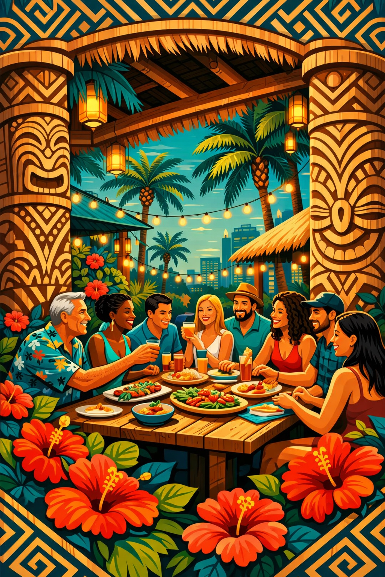 Vibrant Polynesian-style illustration of a welcoming island-themed restaurant patio in Las Vegas.