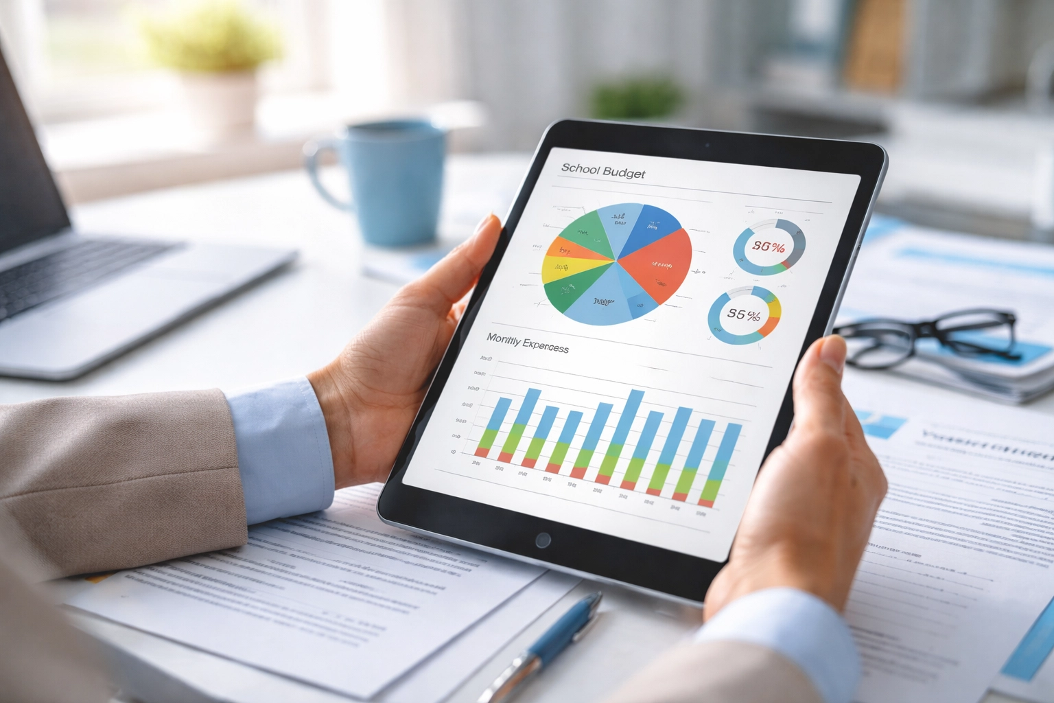 School administrator reviewing technology budget and grant applications on a tablet, highlighting funding strategies