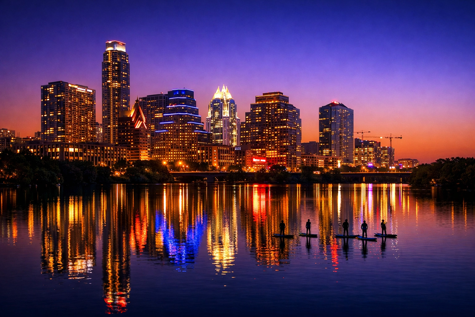 The Austin Texas skyline at twilight reflecting off the waters of Lady Bird Lake.