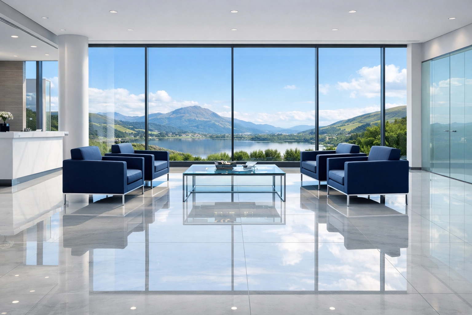 Pristine modern corporate office lobby in Central Scotland showing professional commercial cleaning results.