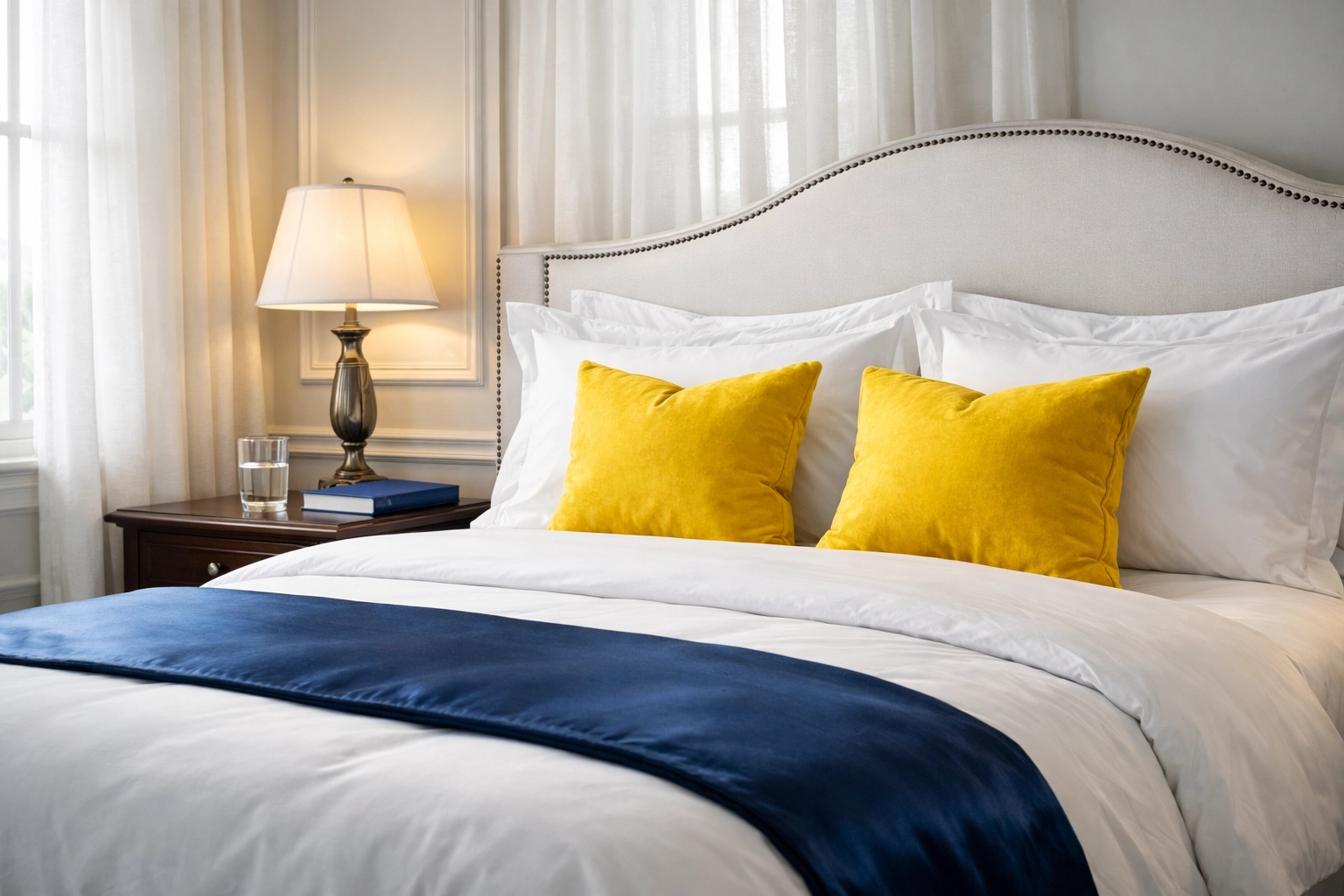 Professionally cleaned Hingham master bedroom with pristine white linens and dust-free surfaces for a luxury feel.