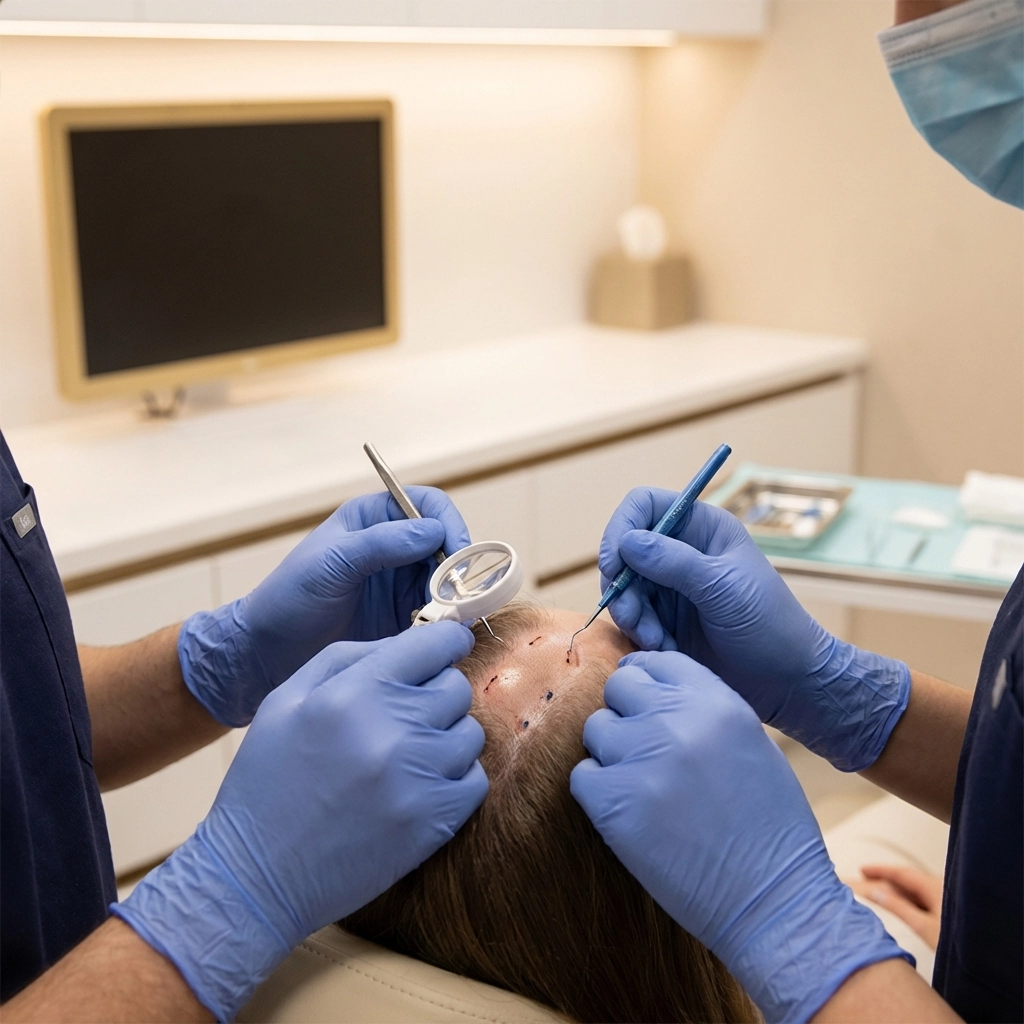 Close-up of a hair transplant procedure performed by medical professionals in a West Palm Beach clinic.