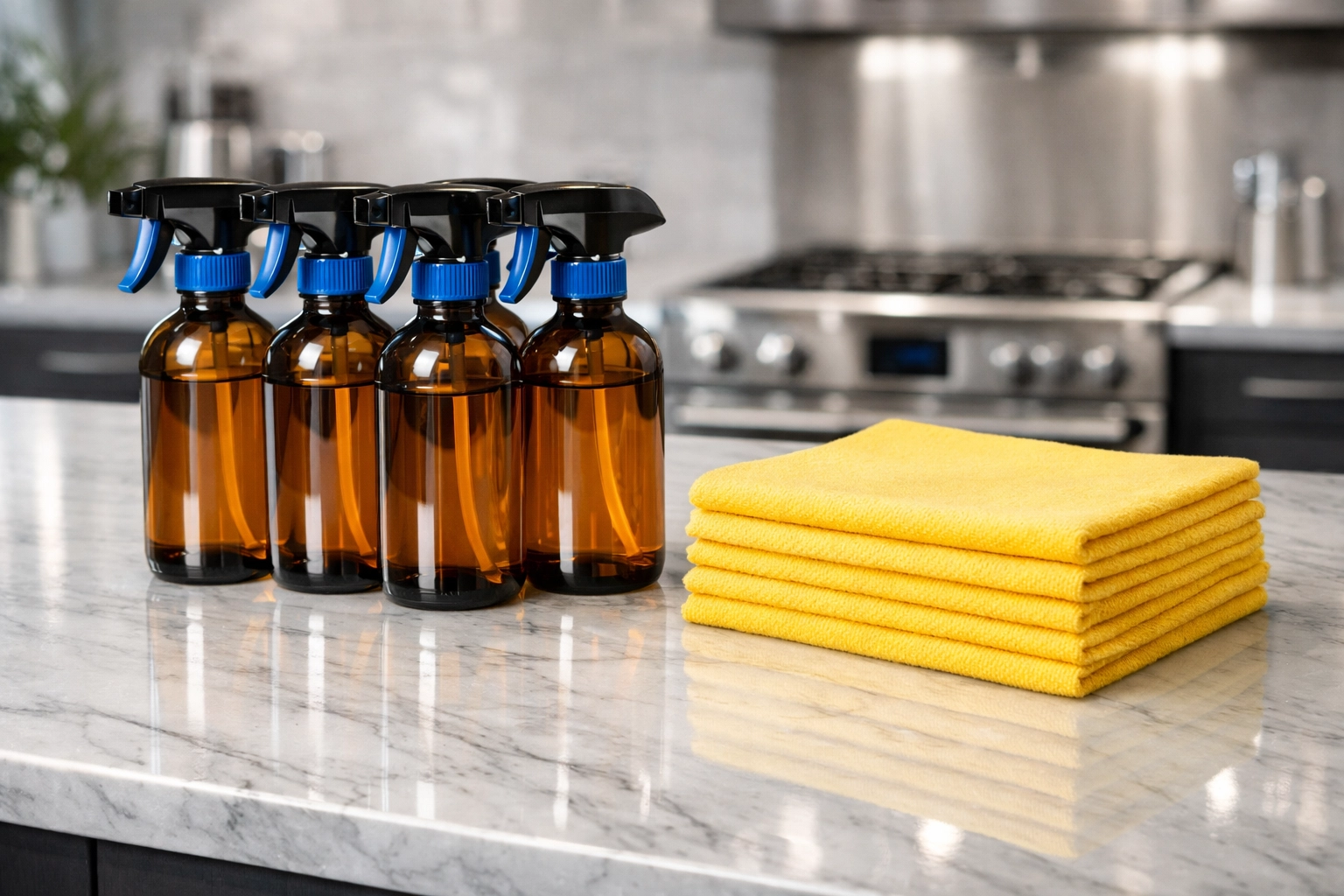 Eco-friendly maid services Worcester supplies and microfiber cloths on a pristine marble kitchen island.