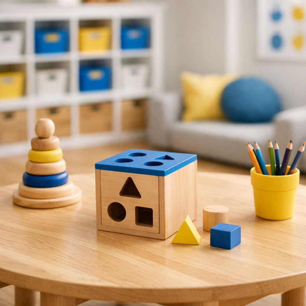 Sanitized wooden activity table in a modern Lancaster daycare center with clean storage and flooring.