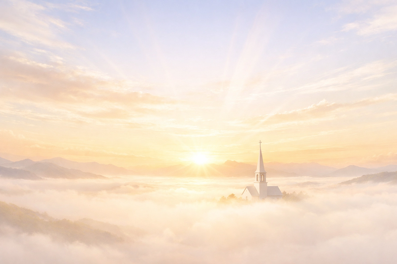 A bright celestial sunrise over a valley with a church steeple reflecting the hope in modern Christian media.
