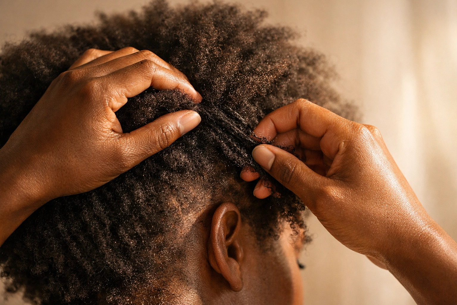 Hands gently detangling textured 4C hair in a mindful morning ritual.