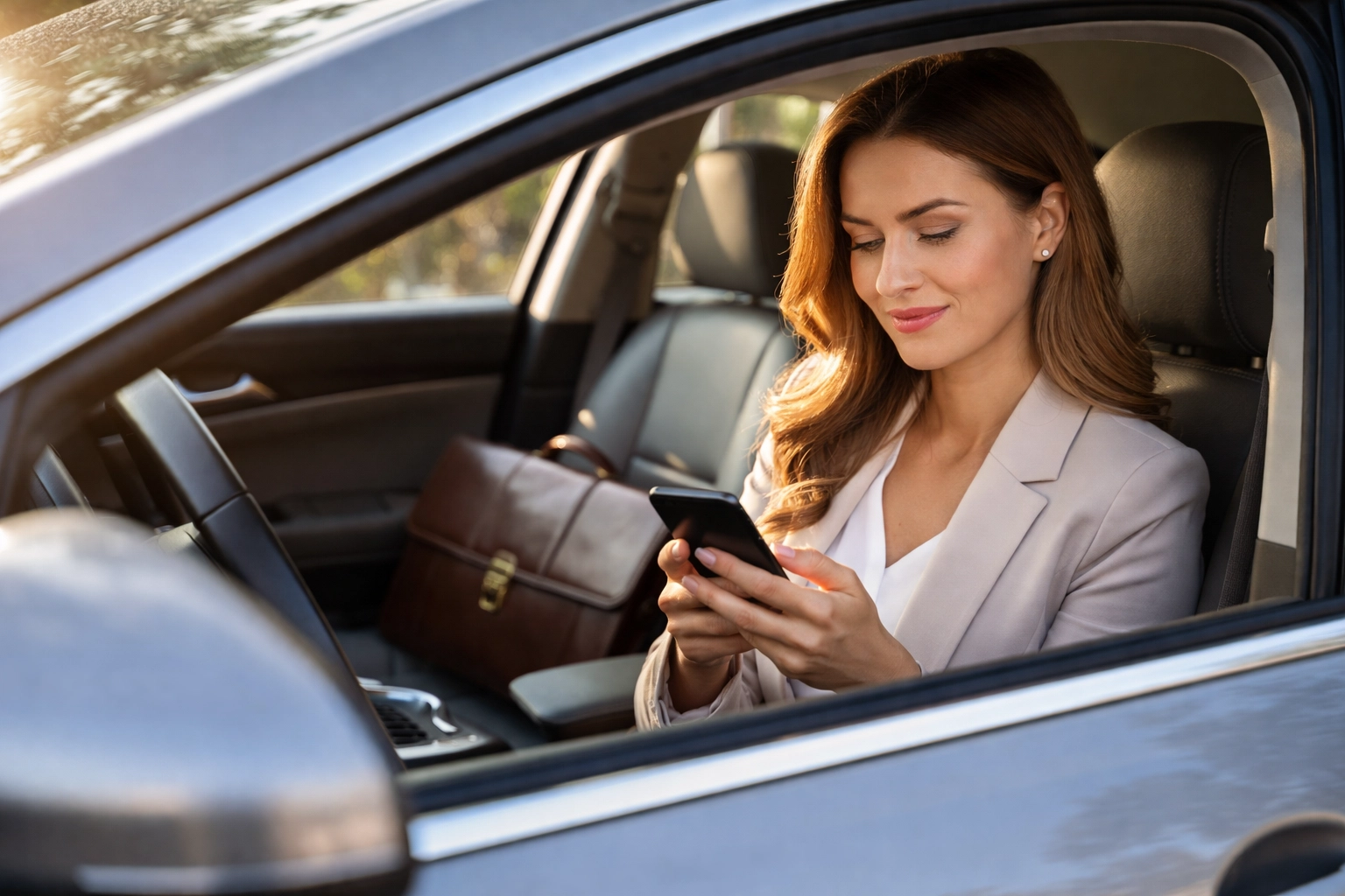 Young businesswoman in car checking directions before client meeting, highlighting non-owned auto insurance needs.